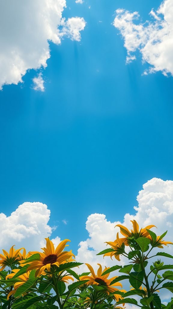 A photo of sunflowers against a bright blue sky with fluffy white clouds.