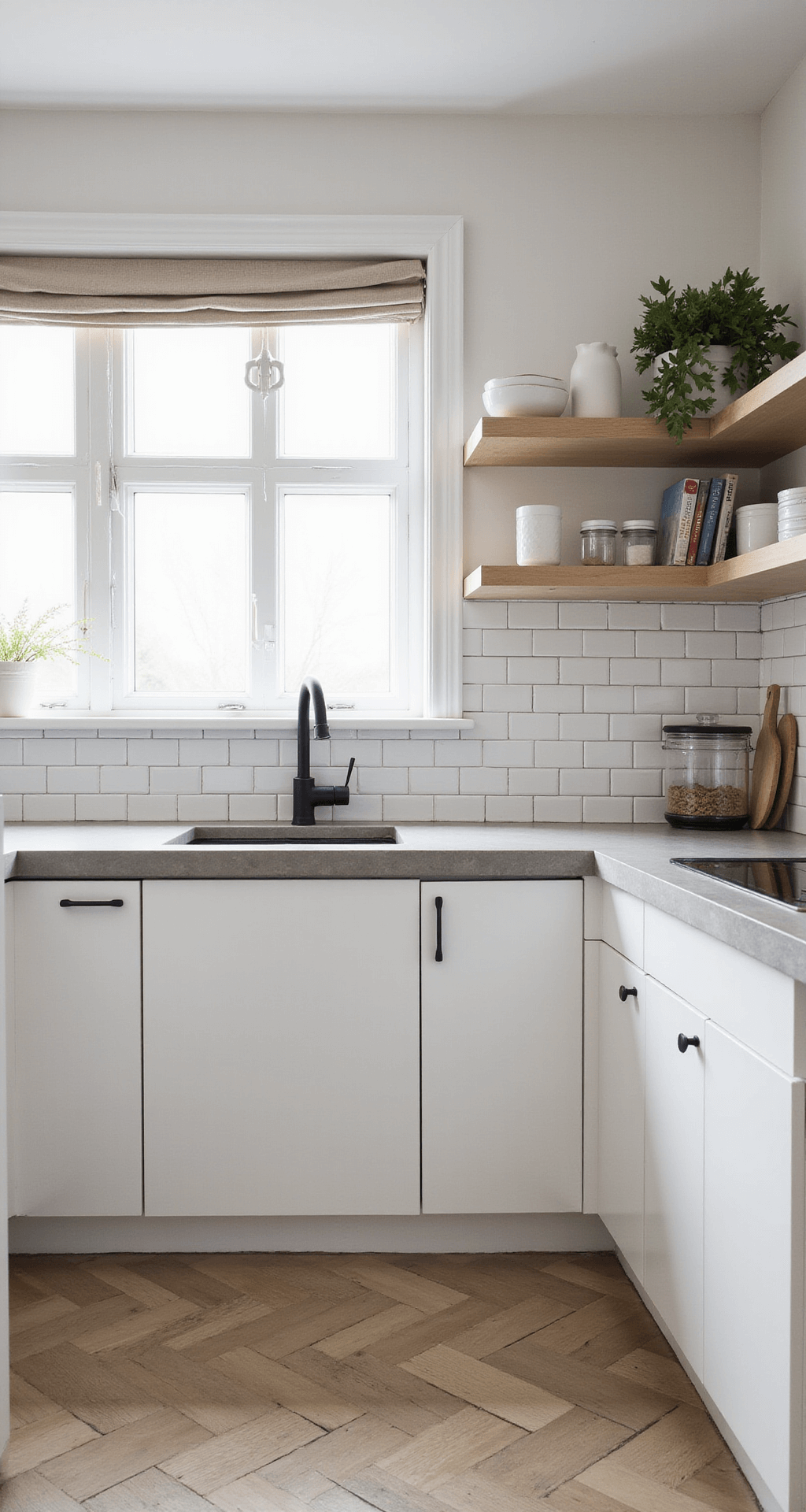 Compact Scandinavian minimalist kitchen with white cabinets, pale ash shelves, concrete countertops, and herringbone oak flooring, bathed in diffused afternoon light.