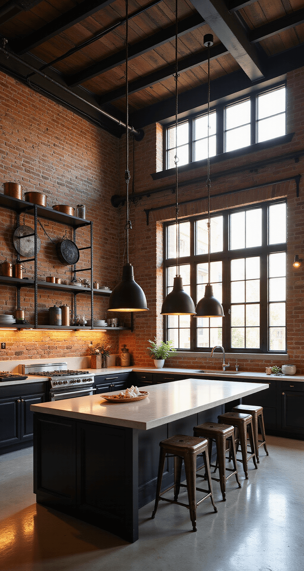 Open-concept industrial loft kitchen with exposed brick walls, steel beams, black cabinets, and concrete countertops, featuring dramatic uplighting and vintage stools, illuminated by evening golden hour light.