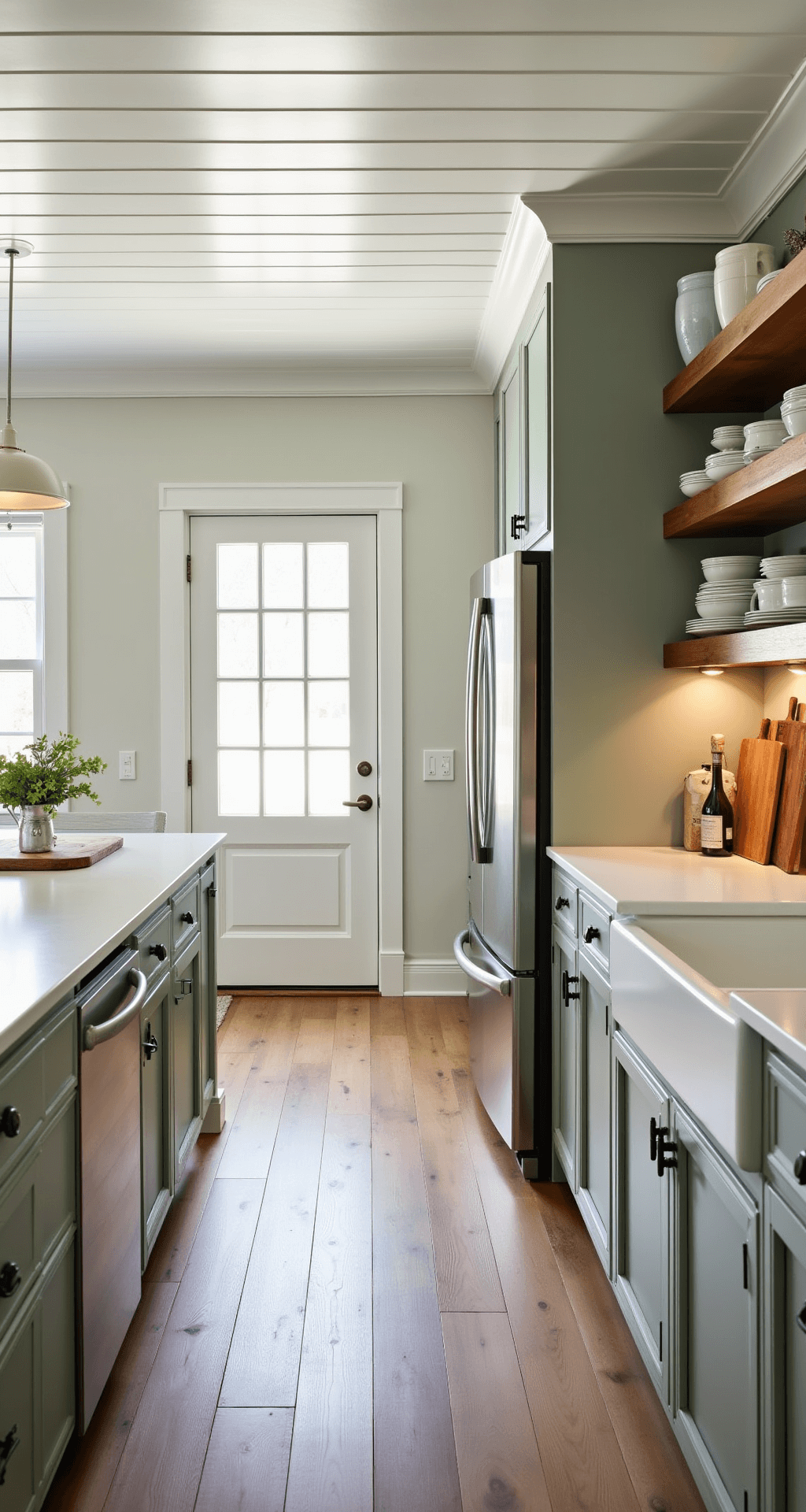 A modern farmhouse kitchen featuring sage green lower cabinets, white quartz countertops, and a shiplap ceiling. Natural light pours in from French doors, illuminating reclaimed wood floating shelves with an ironstone collection, a large ceramic farmhouse sink, and vintage decor, all set on wide plank white oak floors.