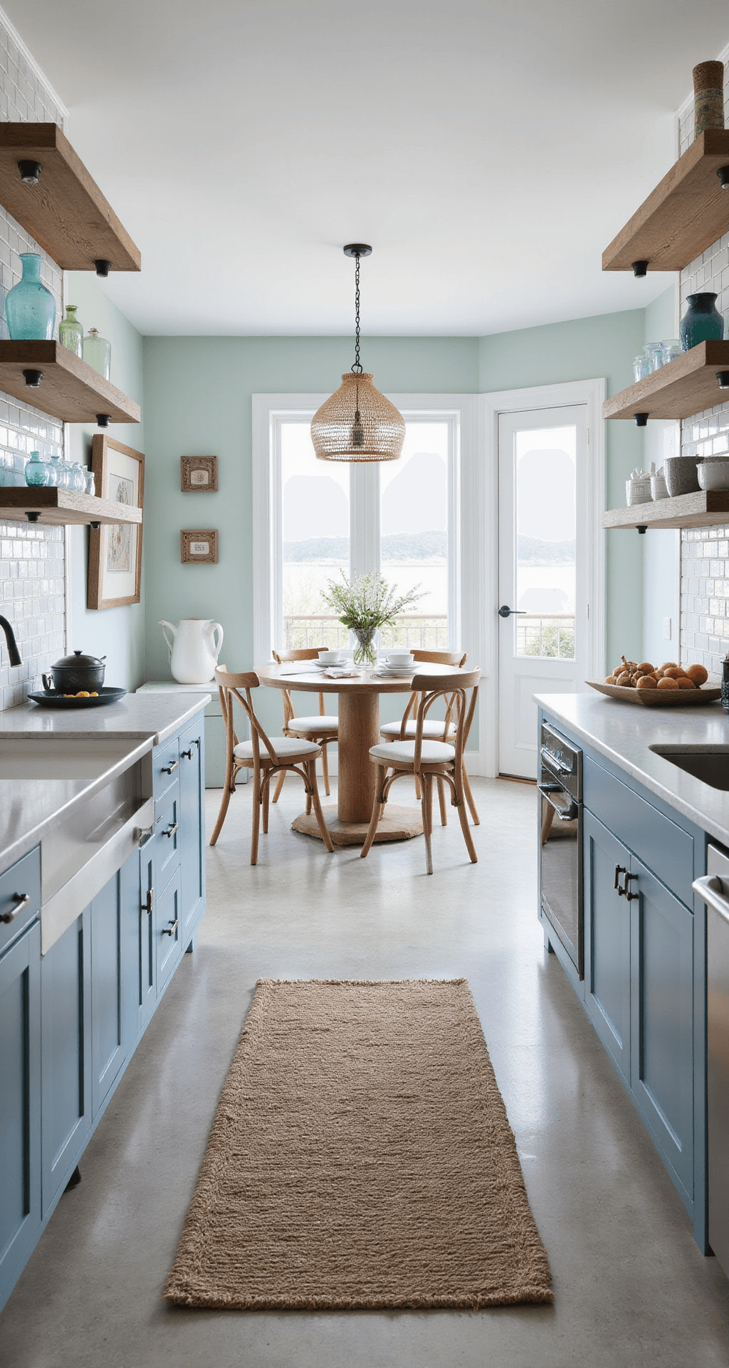 Bright coastal kitchen with ocean views, featuring light blue-gray lower cabinets, white stone counters, and seafoam subway tile. Shot from dining area showing floating wood shelves, rope pendant lights, and jute rug over limestone tiles, styled with blue glass vessels and natural decor.