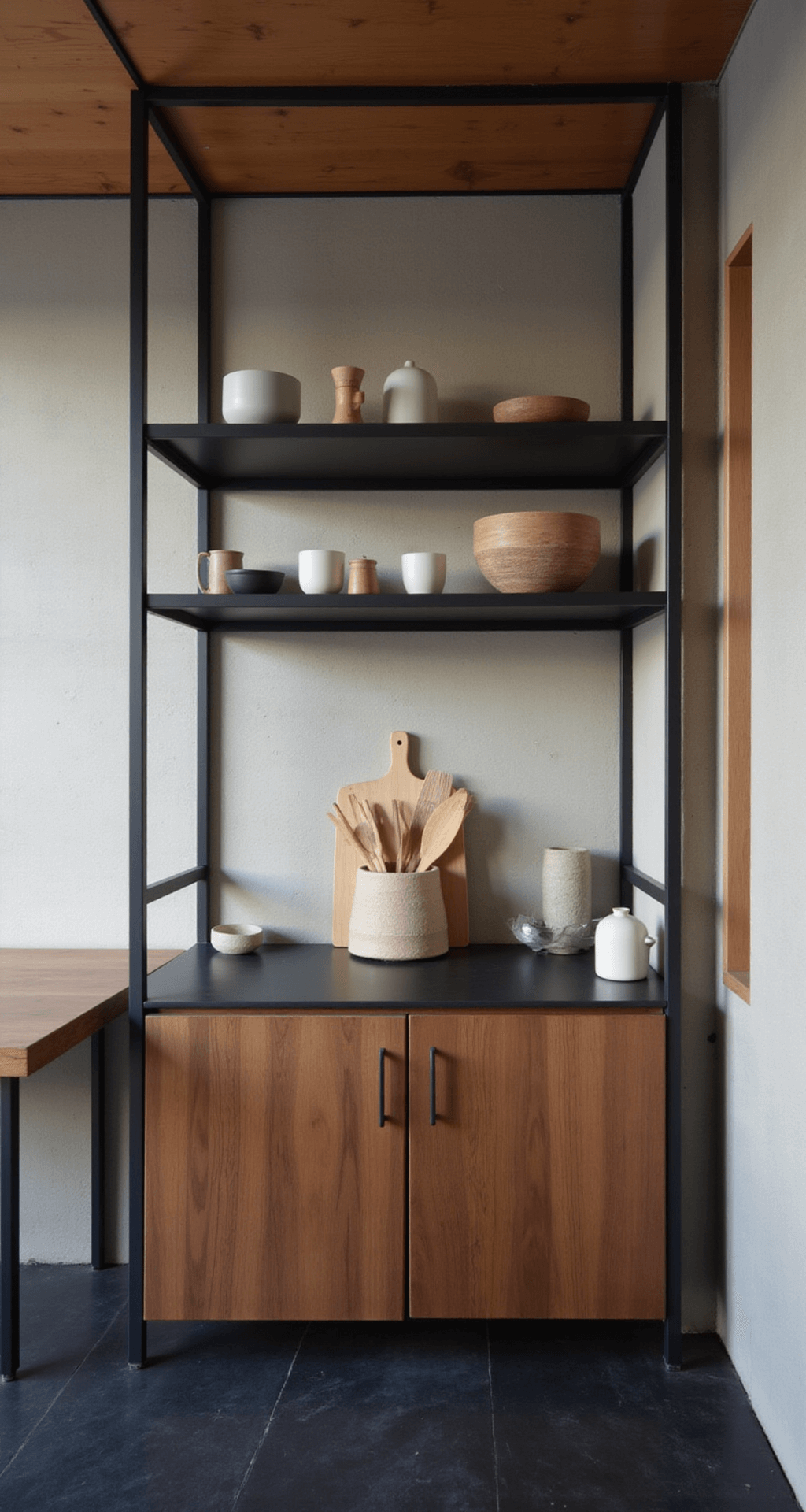 A serene Japanese minimalist kitchen featuring custom walnut lower cabinets with integrated handles, black steel open shelving, textured plaster walls, and black slate flooring. Soft indirect lighting enhances the calm atmosphere, while a curated display of handmade ceramics and bamboo tools casts subtle shadows in the dawn light, emphasizing vertical lines.
