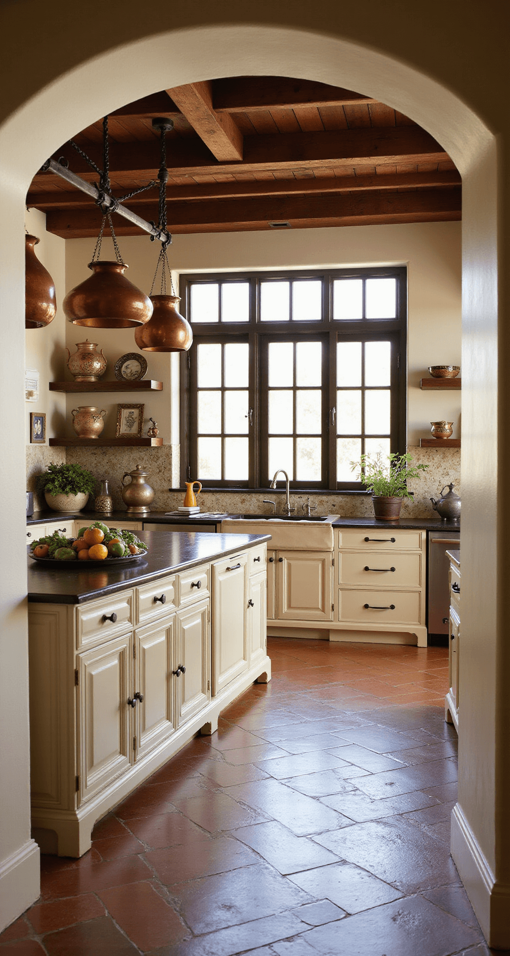 An inviting Mediterranean villa kitchen featuring arched doorways, terracotta floors, cream lower cabinets, and dark wood counters, illuminated by late morning light through iron windows, with rustic wooden shelves, hand-painted tile backsplash, and copper pots hanging from a ceiling rack, styled with ceramic urns and fresh produce.