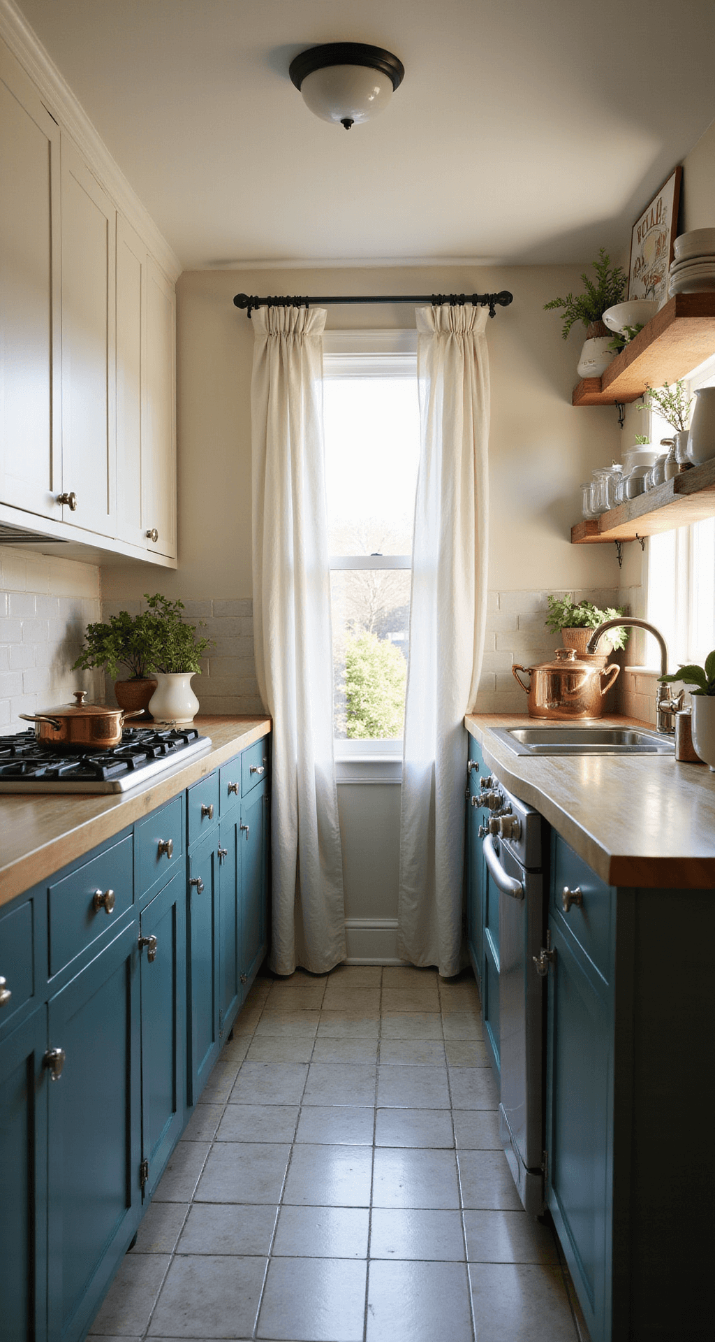 Intimate galley kitchen featuring teal lower cabinets and white upper cabinets, illuminated by golden hour light filtering through cafe curtains, with butcher block countertops, vintage copper cookware, and white ceramics, all captured at eye level to emphasize depth and inviting atmosphere.