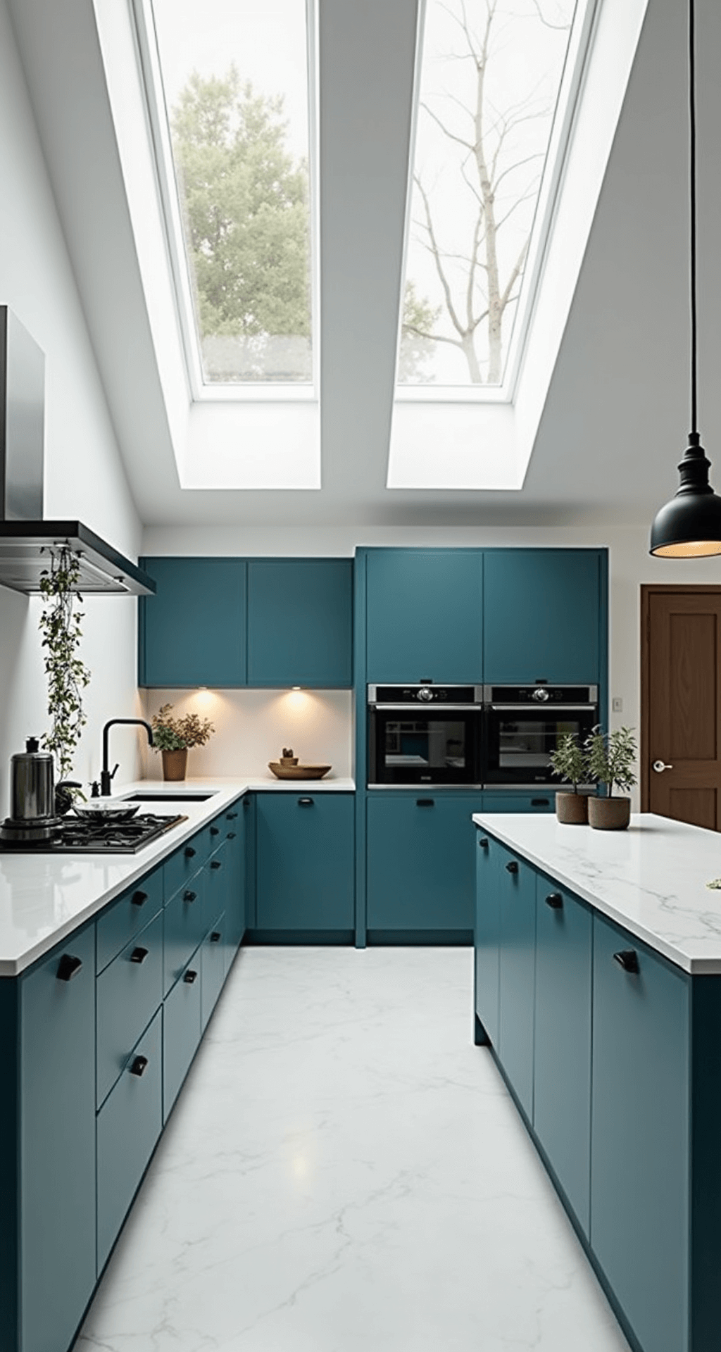 An overhead view of an expansive open-concept kitchen featuring teal blue floor-to-ceiling cabinets, white walls, and a minimalist dove gray quartz waterfall island, styled with black matte accessories and trailing plants, illuminated by overcast daylight from skylights and paired with modern mixed metal pendant lights.
