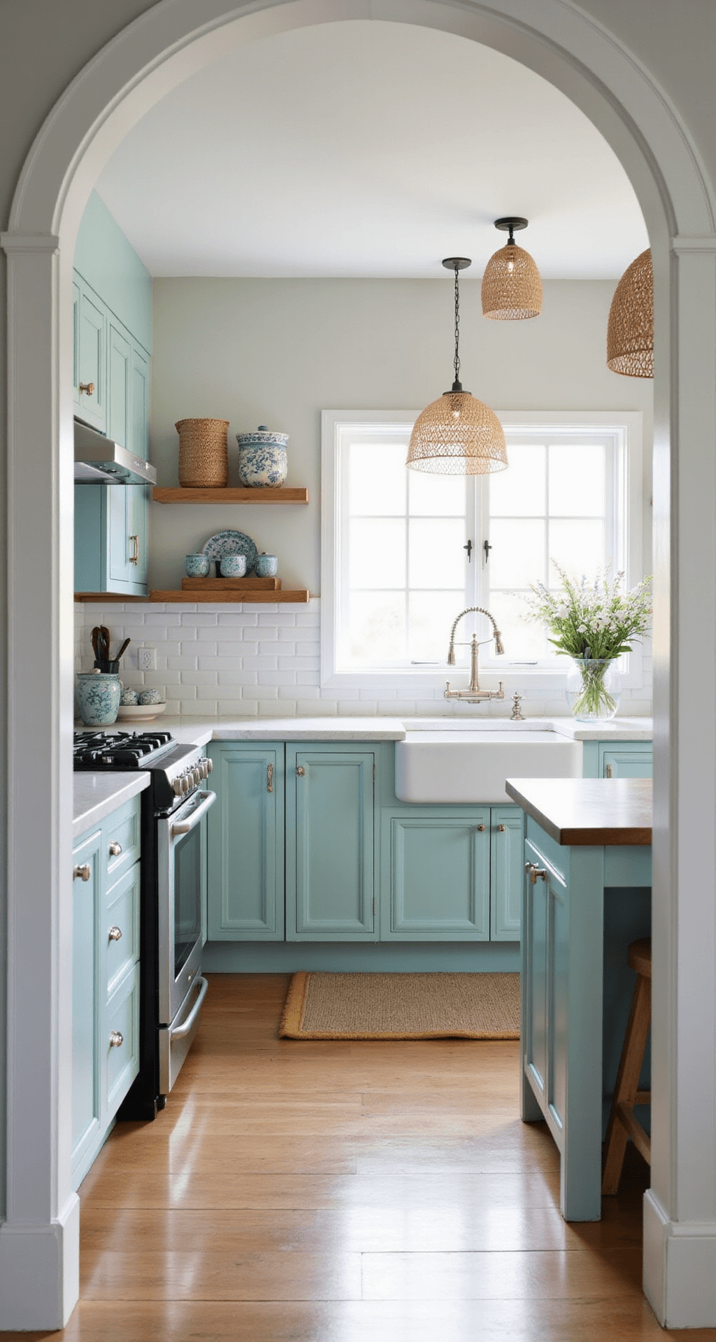 A coastal-inspired kitchen with soft teal cabinets and beadboard details, featuring an ethereal morning light glow. The white subway tile backsplash extends to the ceiling, viewed from an entrance archway that shows depth. Rattan pendants and woven baskets add natural texture, complemented by blue-and-white ceramics and fresh flowers, creating a light and airy atmosphere.