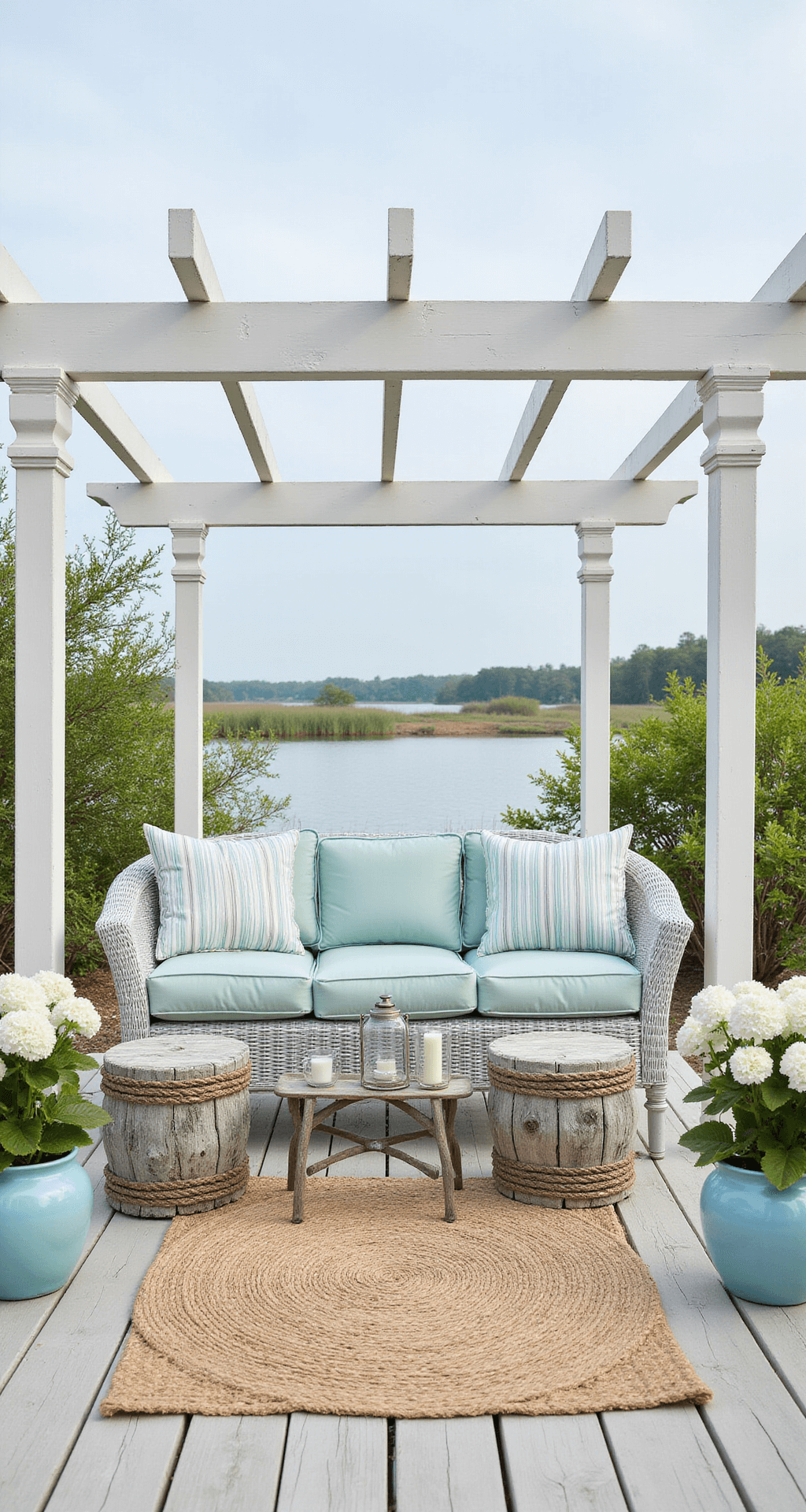 Coastal chic pergola setting with white-washed cedar structure, light gray wicker seating, and seafoam striped cushions, featuring weathered teak tables, maritime lanterns, and white hydrangeas, on bleached decking with a jute rug.