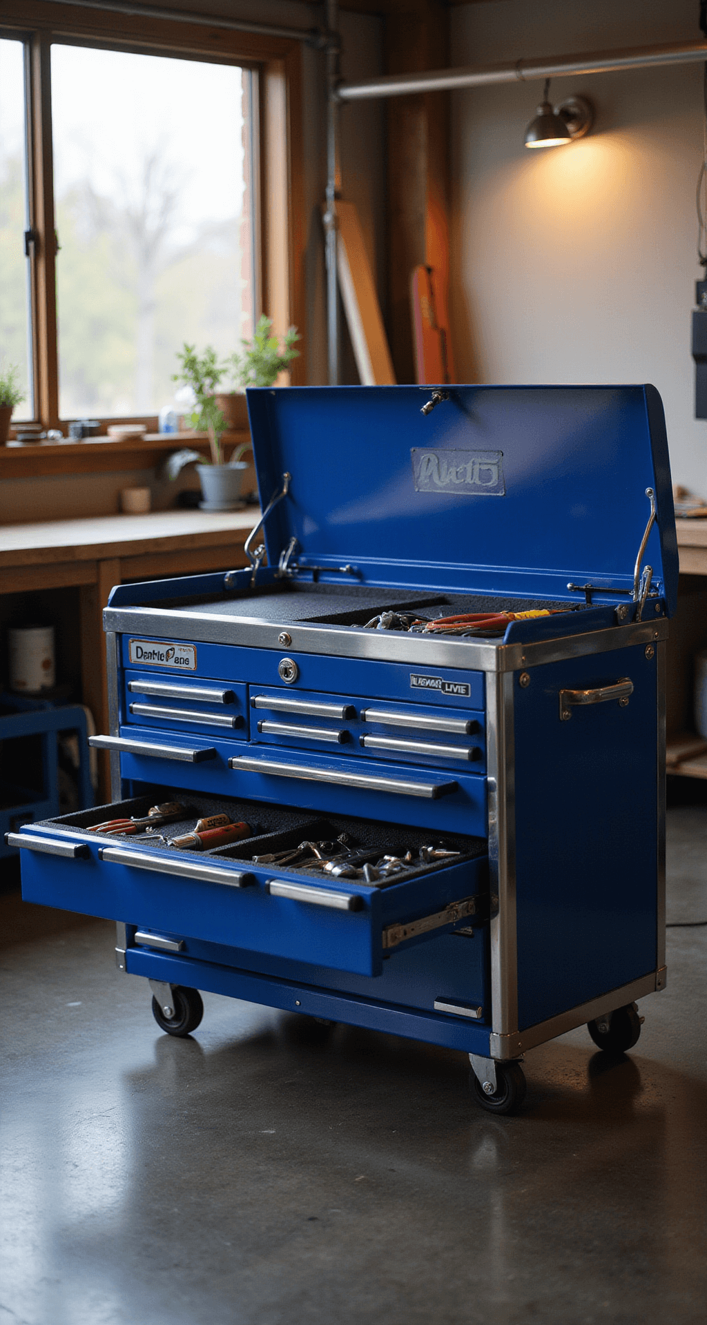 Close-up of a premium 48-inch stainless steel rolling tool cart in a workshop corner, featuring six soft-close drawers lined with dark foam, a top surface arranged with tools, all illuminated by overhead LED lights and morning sunlight through a window. The cart has a deep blue powder-coated finish with chrome accents and is captured from a low angle.