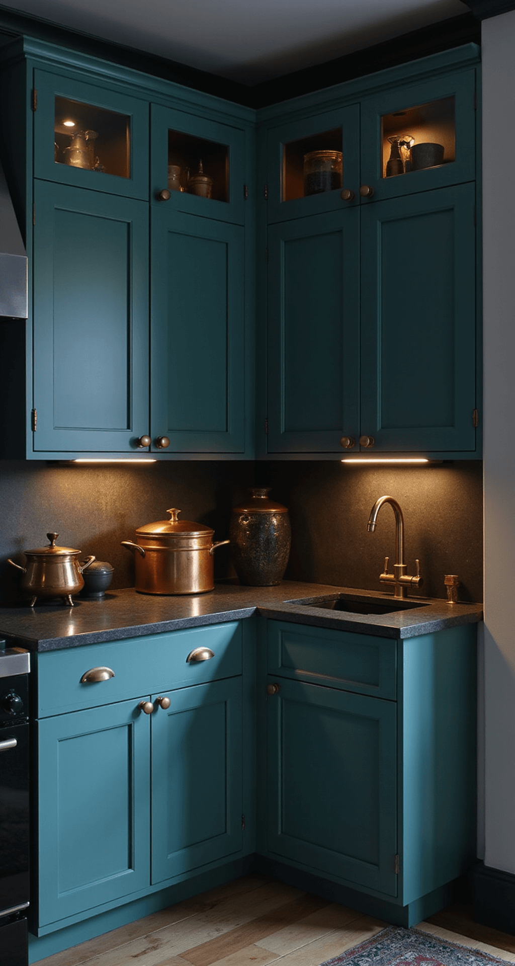 Moody kitchen corner with peacock teal cabinets, black soapstone counters, and warm evening lighting, enhanced by brass fixtures, styled with copper cookware and dark stoneware.