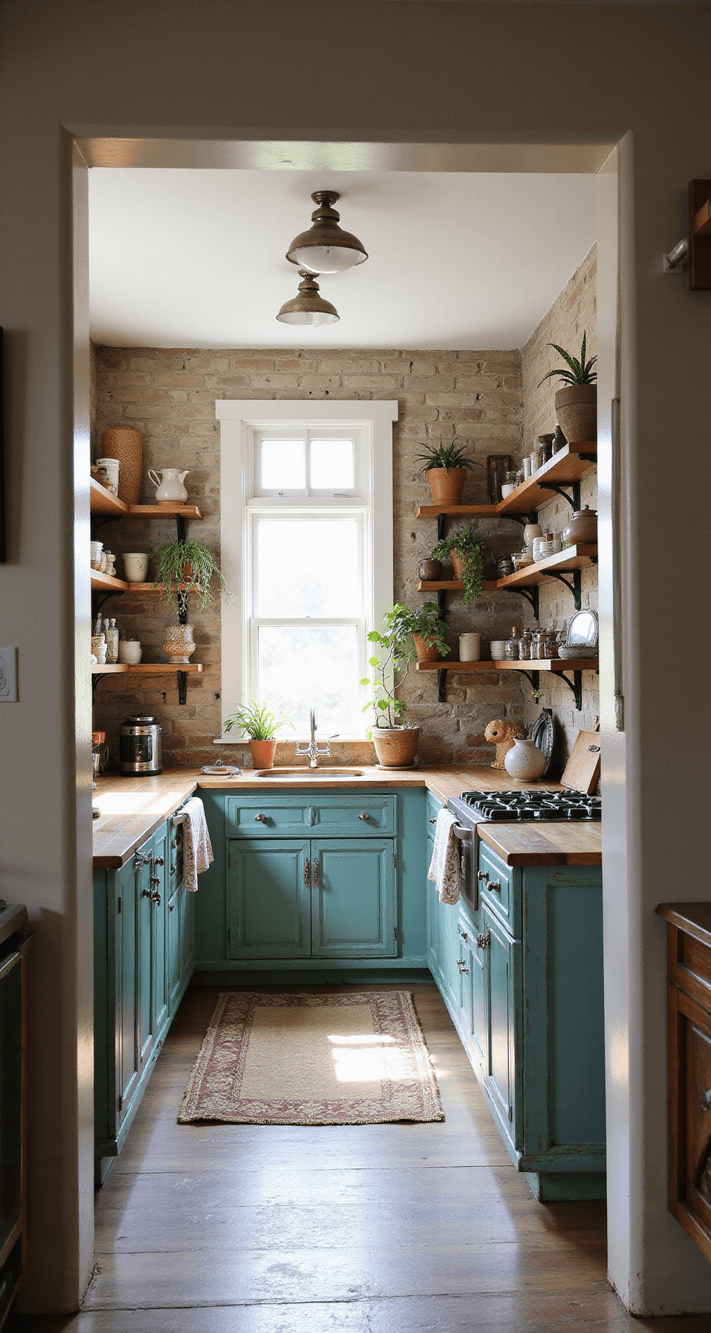 A cozy bohemian kitchen with distressed teal lower cabinets and open shelving, featuring warm wooden counters adorned with vintage pieces. The space is filled with mid-morning diffused light, showcasing Moroccan tiles, hanging plants, and mixed metal accents, all captured from the doorway for a full view of the eclectic styling.