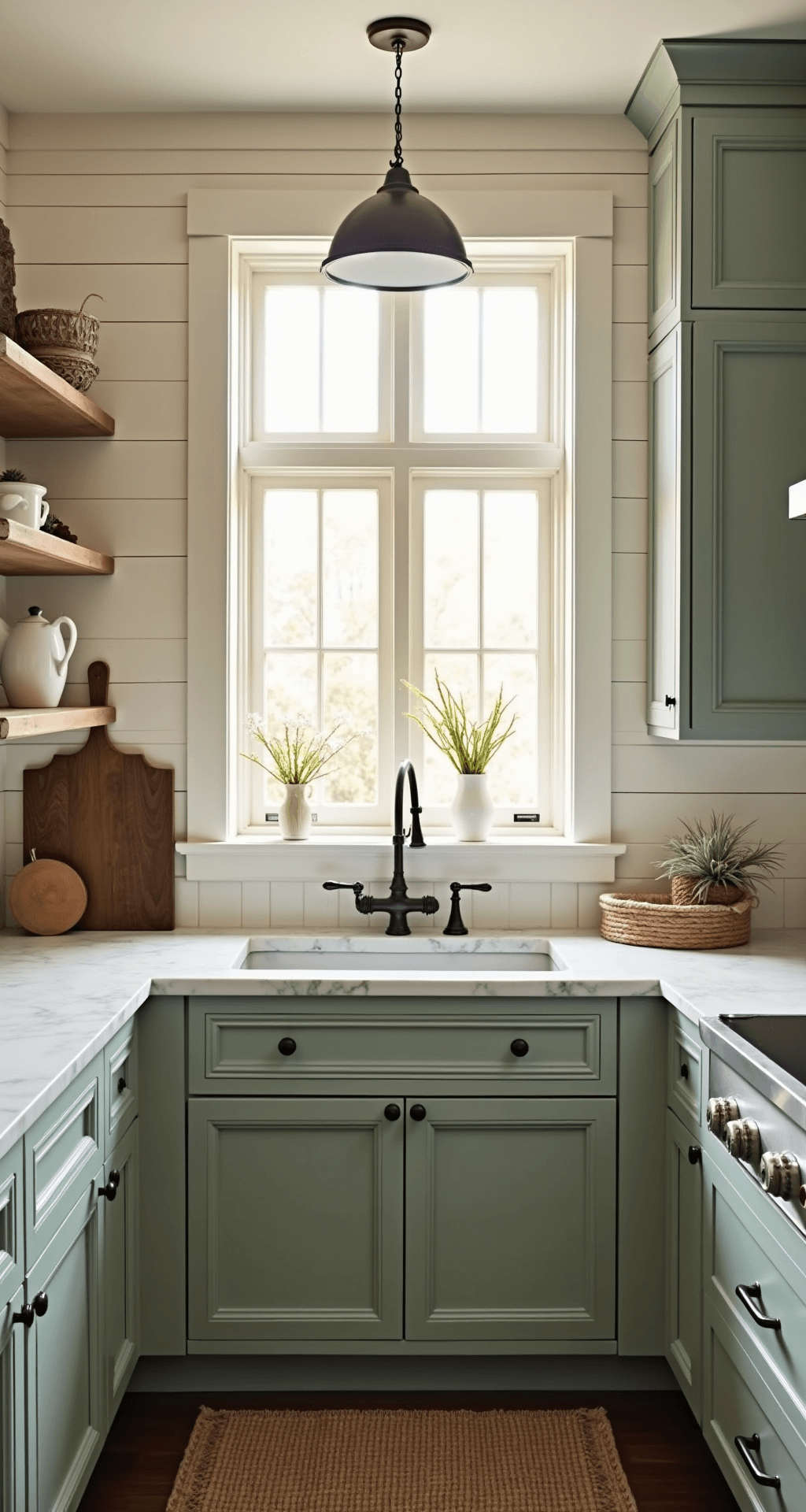 A modern farmhouse kitchen featuring sage-teal cabinets and cream shiplap walls, illuminated by golden hour backlighting. The space has honed marble countertops and vintage-inspired bin pulls, styled with antique copper, weathered wood boards, and white ironstone, creating a warm, nostalgic atmosphere.