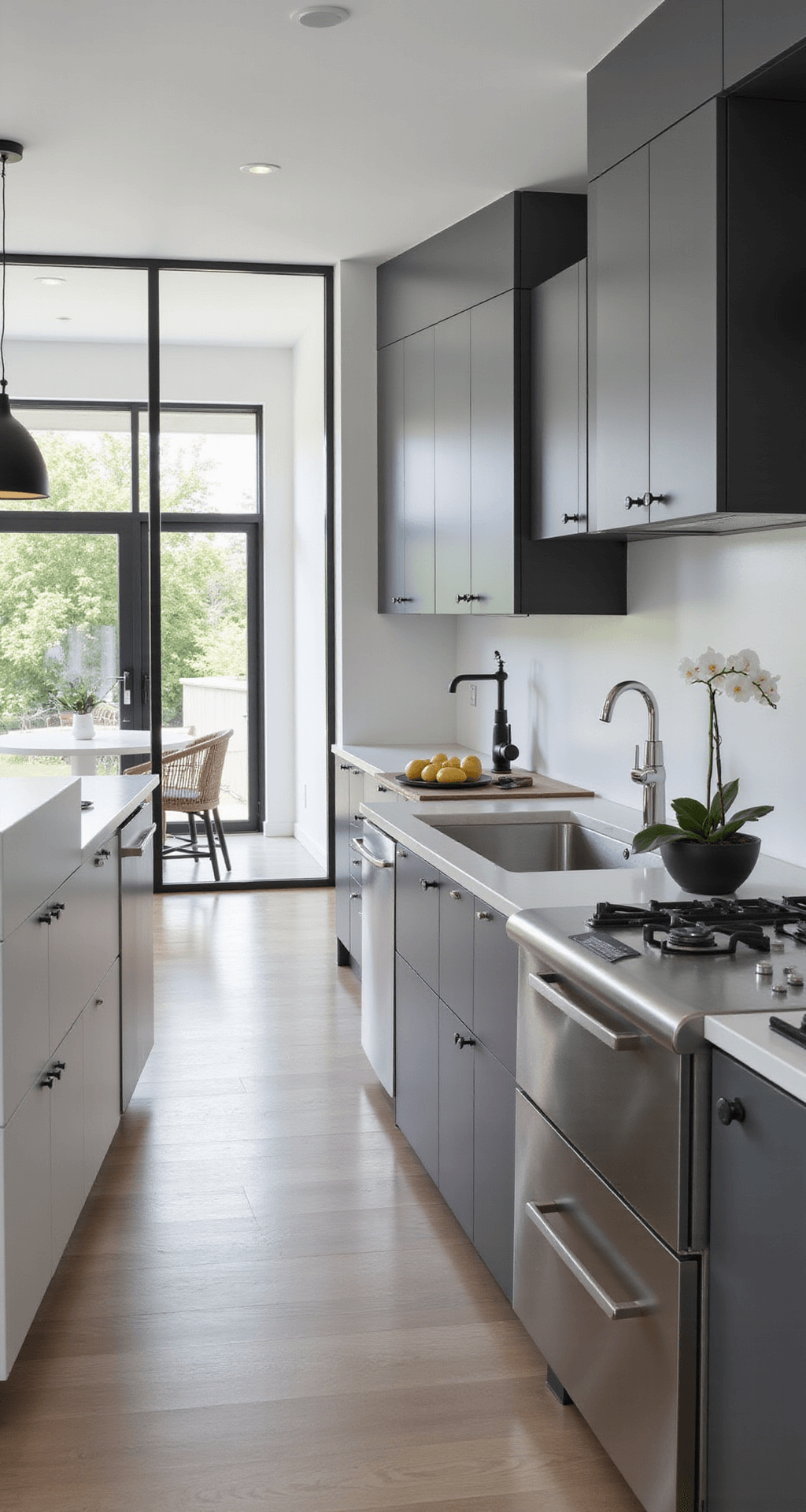 Wide-angle view of a modern minimalist kitchen featuring charcoal gray cabinets, a white quartz island, and floor-to-ceiling windows, illuminated by morning light.