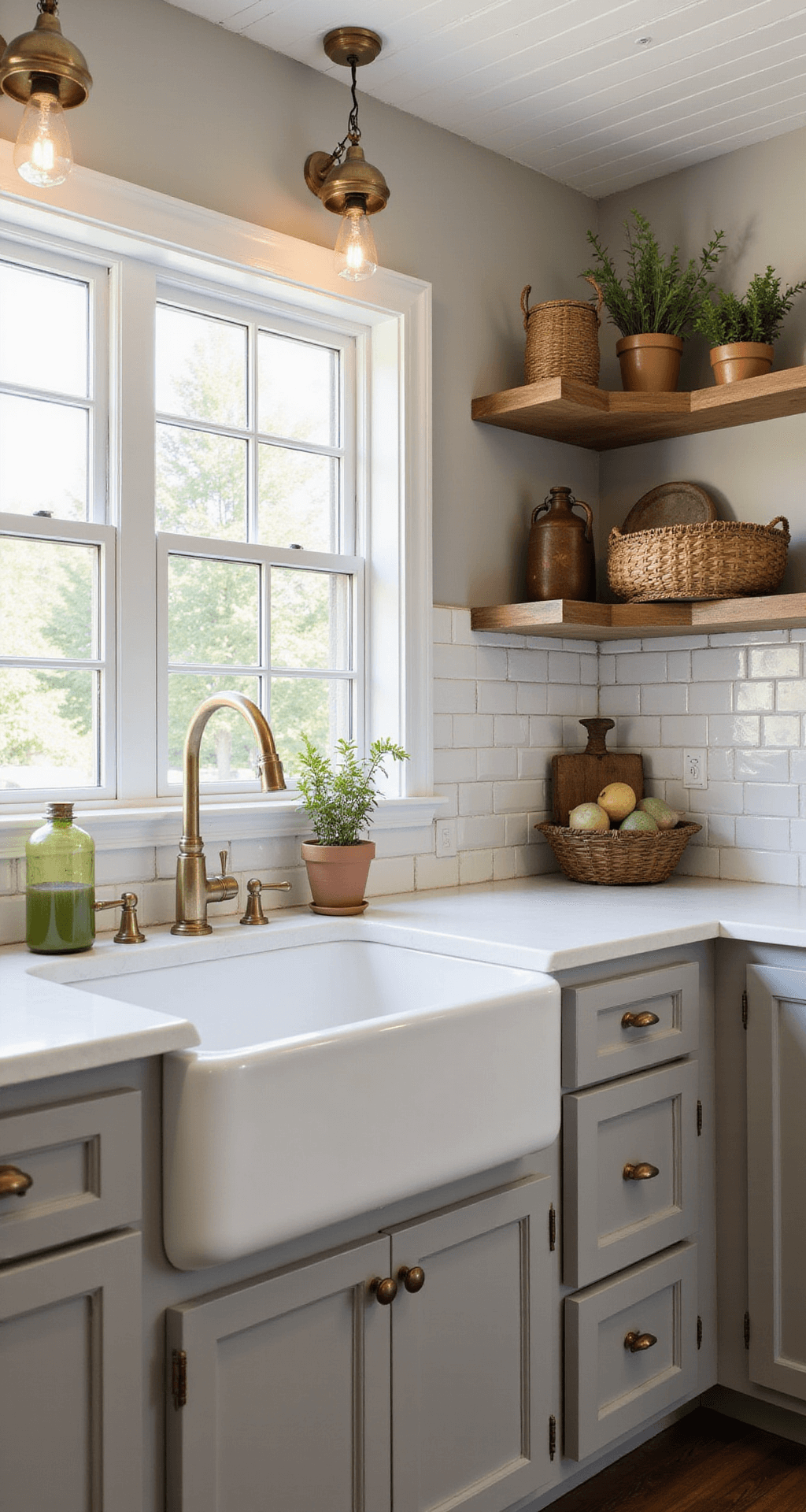 A cozy farmhouse gray kitchen featuring dove gray cabinets, reclaimed oak open shelving, and a white ceramic sink, illuminated by warm late afternoon sunlight. Shiplap ceiling and a collection of copper cookware are visible, complemented by vintage brass hardware and terracotta pots with fresh herbs.