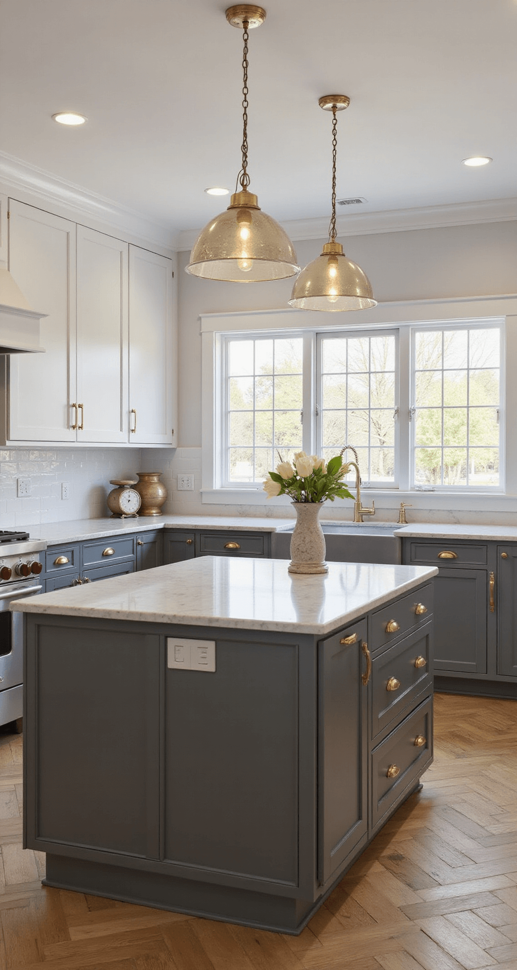 A transitional kitchen featuring two-tone gray cabinets, dark pewter lower cabinets, cloud white upper cabinets, and brass hardware, illuminated by golden hour lighting. A center island with a marble top complements herringbone wood floors, with vintage scales and artisanal pottery as decorative elements.