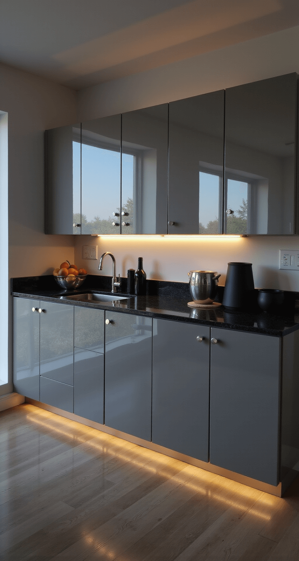High-gloss modern kitchen with gray cabinets, black granite countertops, and LED under-cabinet lighting, captured from a low angle to emphasize reflections and minimal decor.