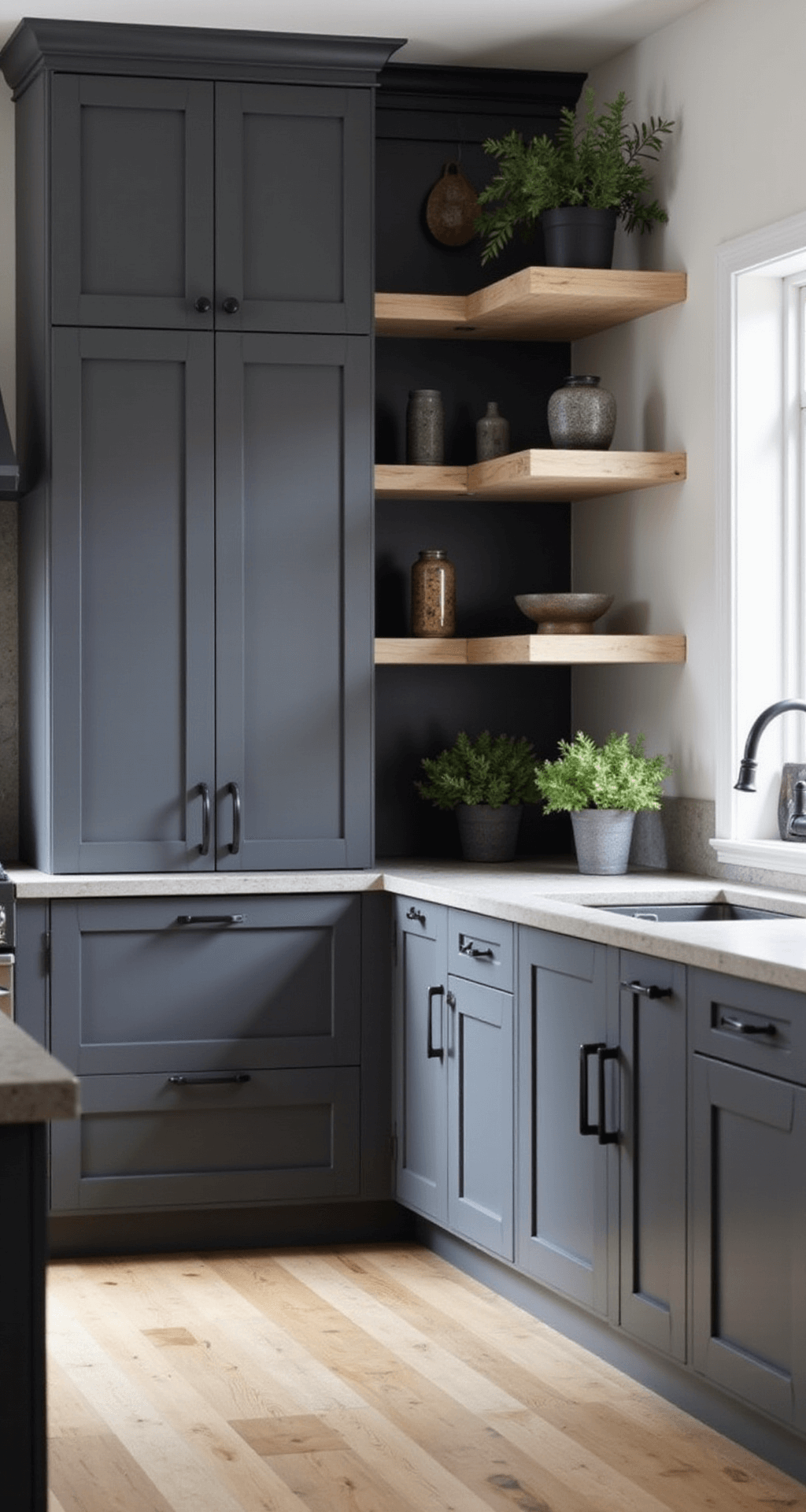 A dramatic matte dark gray kitchen featuring charcoal cabinets, bleached oak floating shelves, concrete countertops, and matte black fixtures, all illuminated by diffused midday light.