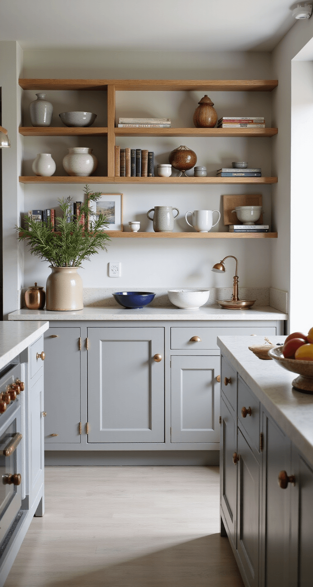 An eclectic 16x20ft kitchen featuring medium warm gray cabinets, open oak shelving, and soapstone counters, illuminated by soft morning light. The space includes copper hardware, vintage pendants, and is styled with cookbooks, pottery, and fresh produce, showcasing a blend of closed and open storage.