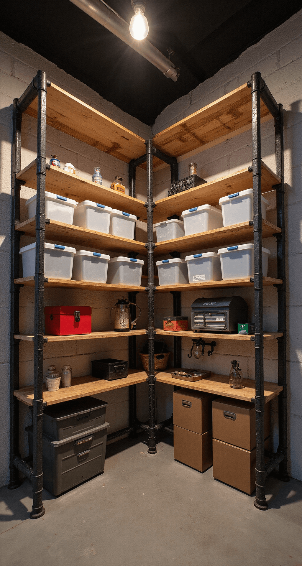 A spacious room with 15-foot ceilings features a floor-to-ceiling shelving system made of industrial pipes and reclaimed barn wood, showcasing organized storage including clear bins and vintage tool boxes, illuminated by soft Edison bulb lighting.