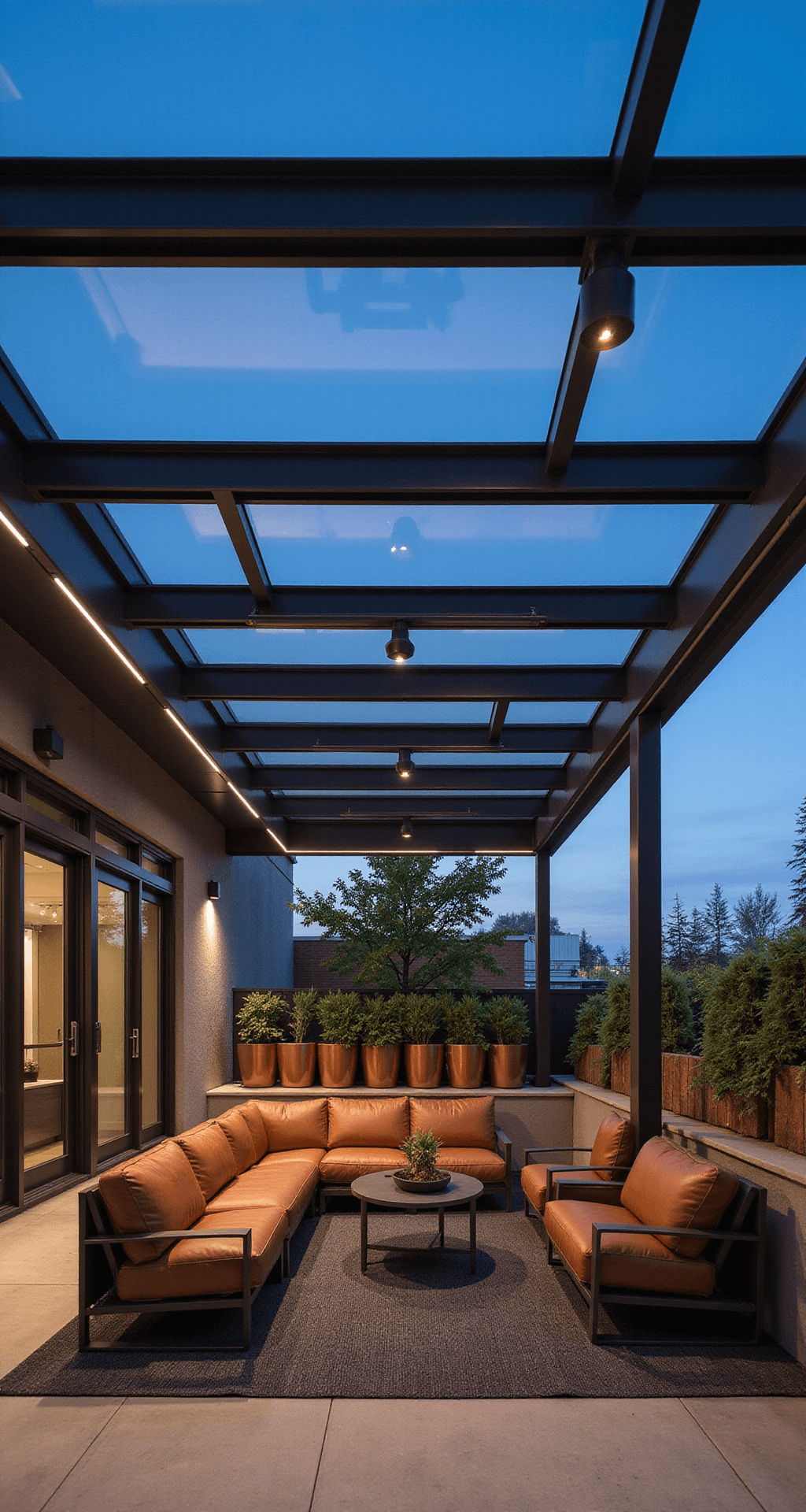 Industrial-style pergola with raw steel framework and clear polycarbonate panels, featuring charcoal outdoor carpet and aluminum furniture with cognac leather cushions, illuminated by integrated warm white LED strip lighting against an urban backdrop.