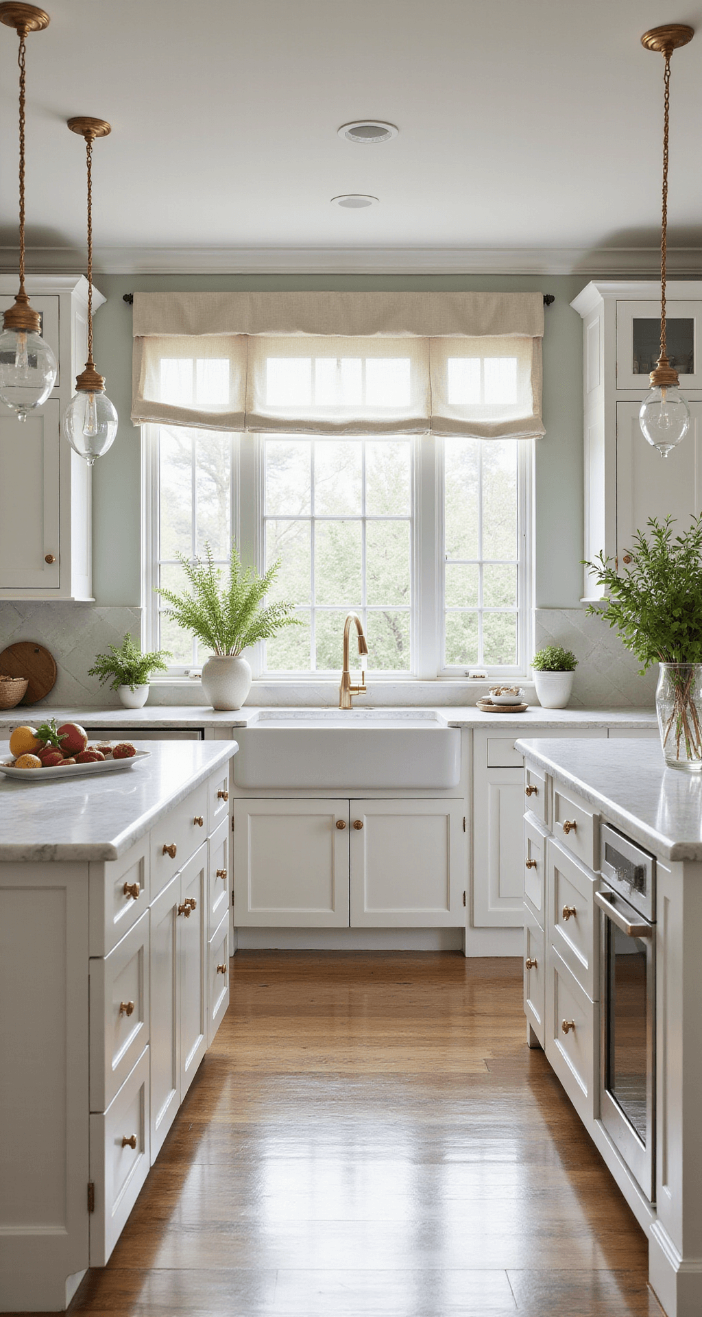 A bright, spacious kitchen with white shaker cabinets, brass hardware, and a Carrara marble island. Sunlight streams through large windows, illuminating a farmhouse sink with sheer curtains, vintage pendant lights, and a French copper pot rack, with potted herbs adding sage green accents.