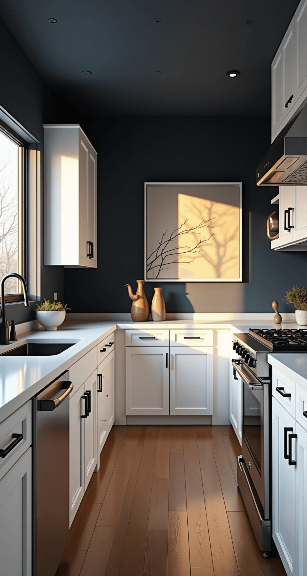 Late afternoon kitchen with white shaker cabinets against dark navy walls, illuminated by golden hour light. Ultra-wide angle view highlights ceiling height and spatial flow, featuring black hardware, quartz countertops, geometric ceramics, and minimalist artwork.