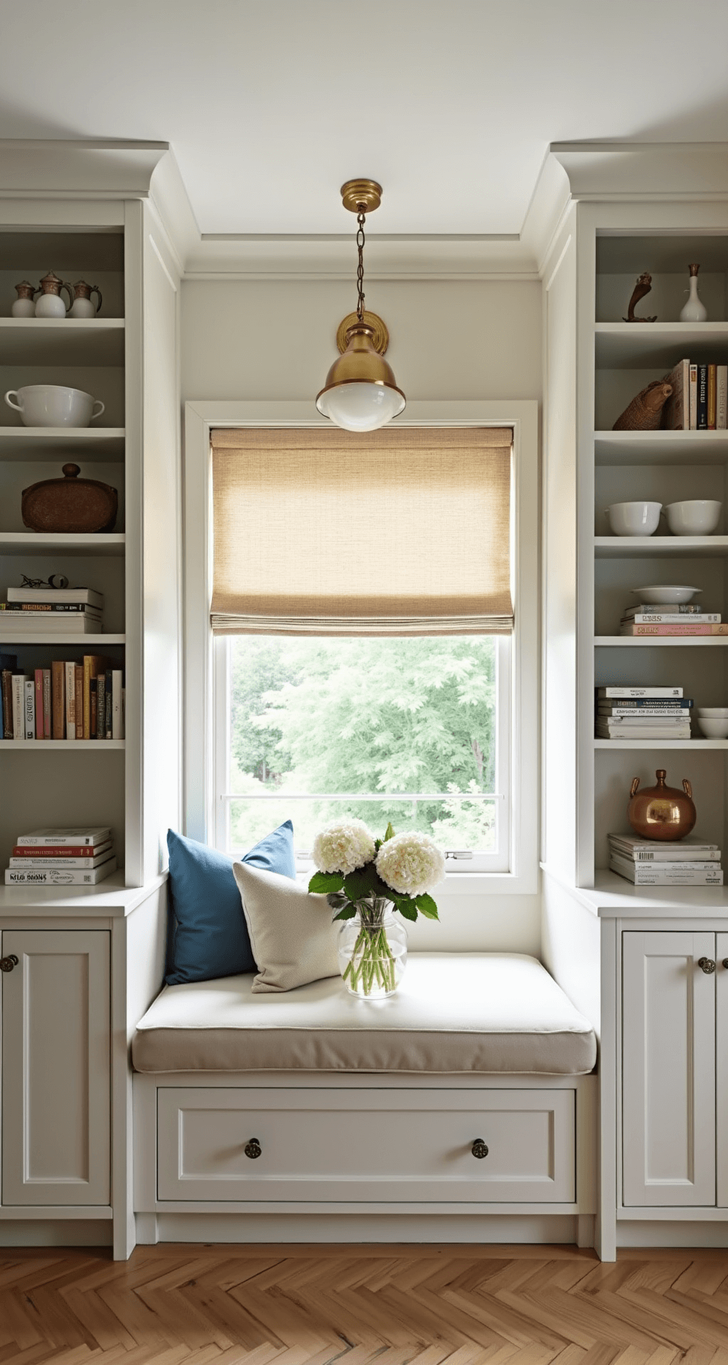 A sunlit breakfast nook with white shaker cabinet built-ins, featuring a custom window seat, natural woven Roman shades, brass library lights, and white oak herringbone floors. Decorated with linen cushions, vintage copper accessories, and fresh hydrangeas, creating a bright and airy atmosphere.