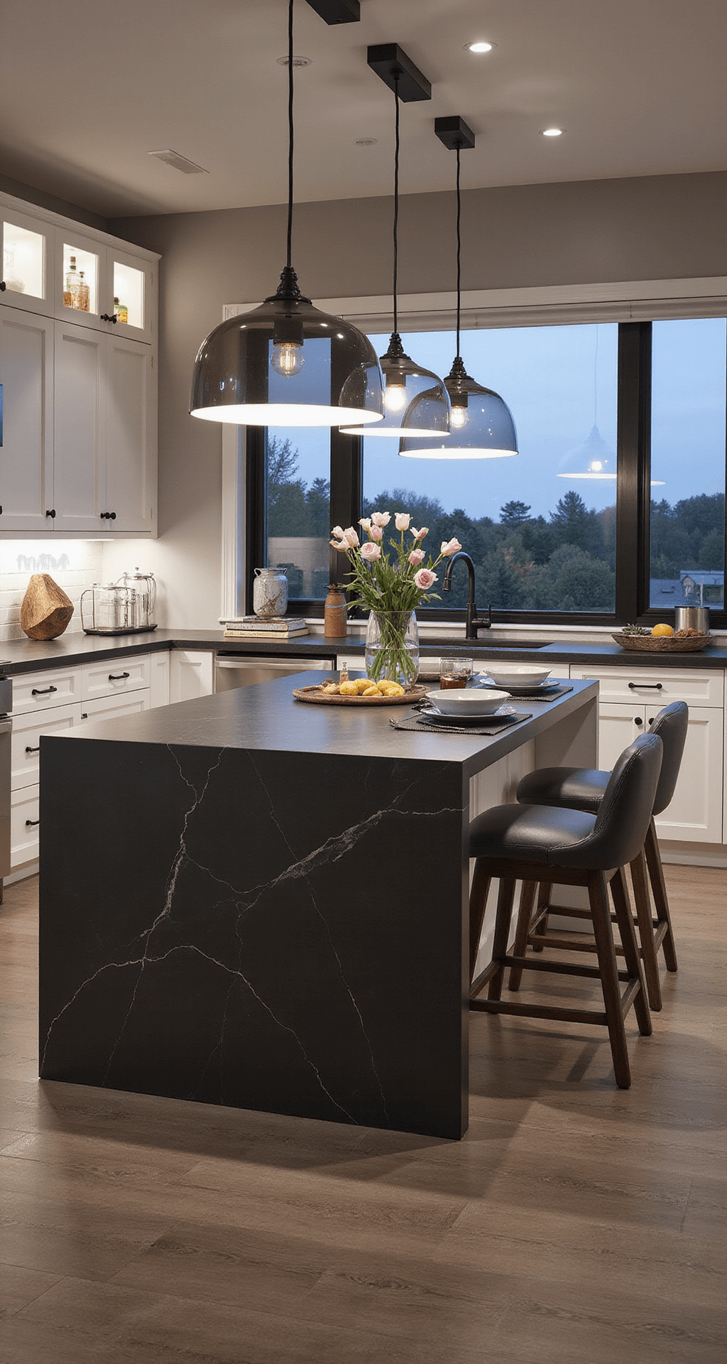 Contemporary 16x20ft kitchen-dining space at twilight featuring white shaker cabinets with hidden handles, a dark soapstone waterfall island, oversized glass pendants, and black matte accessories, styled with geometric patterns and metallic accents.
