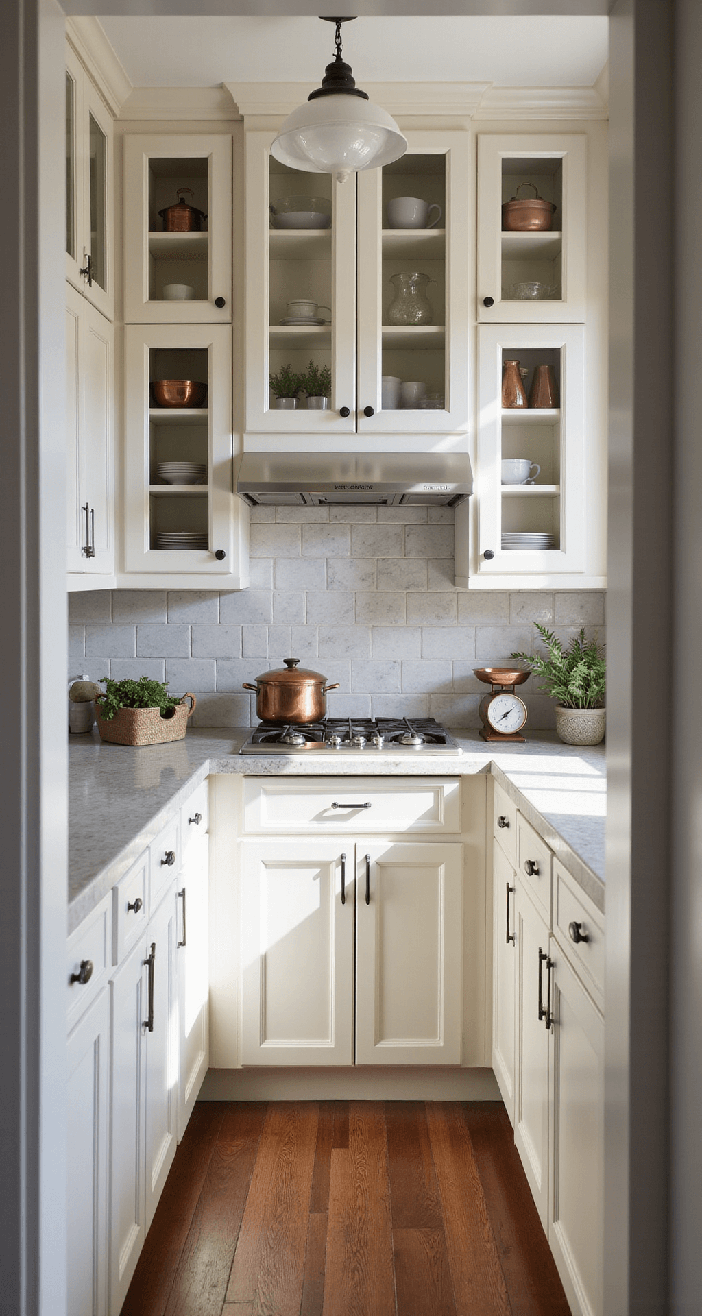 Cozy 10x12ft galley kitchen in morning light, featuring white shaker cabinets, glass-front upper cabinets, brushed nickel hardware, marble subway tile backsplash, copper cookware, potted herbs, and vintage kitchen scales, all under warm pendant lighting.