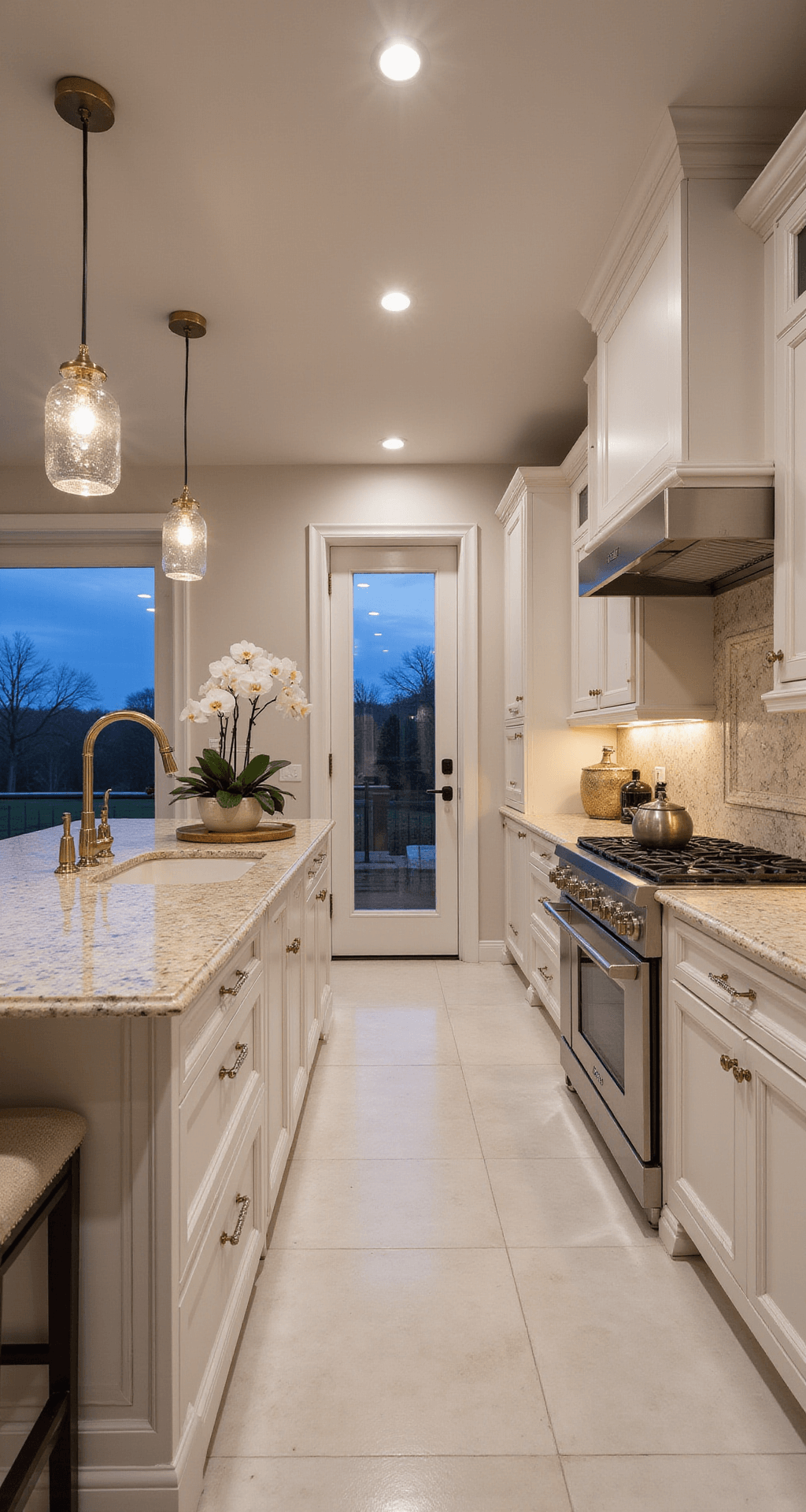 Luxurious open-concept kitchen featuring floor-to-ceiling white shaker cabinets, Calacatta gold marble counters, and elegant decor, illuminated under a sophisticated evening ambiance.