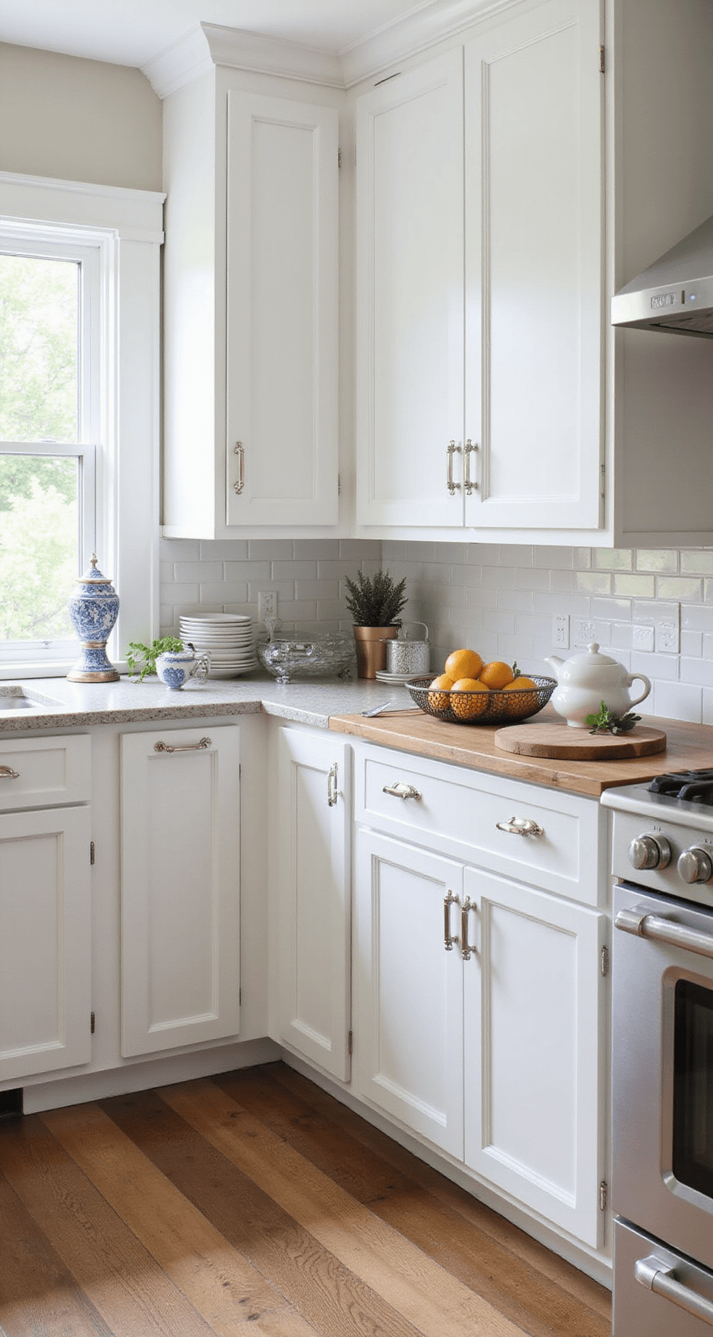 Bright 14x14ft kitchen with white shaker cabinets, polished chrome hardware, and a butcher block island, styled with chinoiserie and fresh citrus, featuring abundant natural light from corner windows.