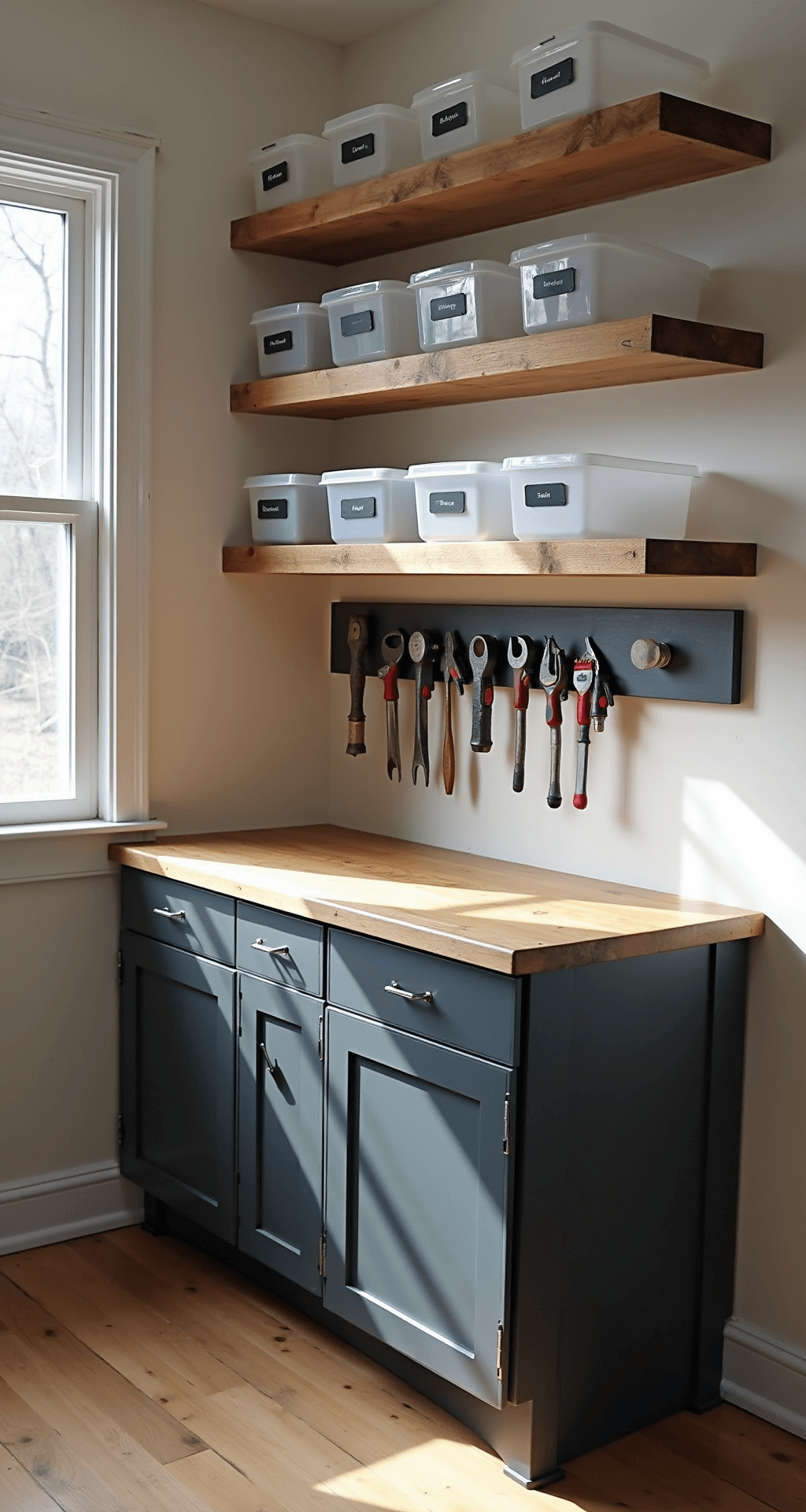 A bright DIY storage corner bathed in morning light features matte charcoal gray repurposed kitchen cabinets, with rough-sawn pine floating shelves displaying labeled bins, and a magnetic strip holding metal tools, all captured from a chest-height angle at a 45-degree perspective.