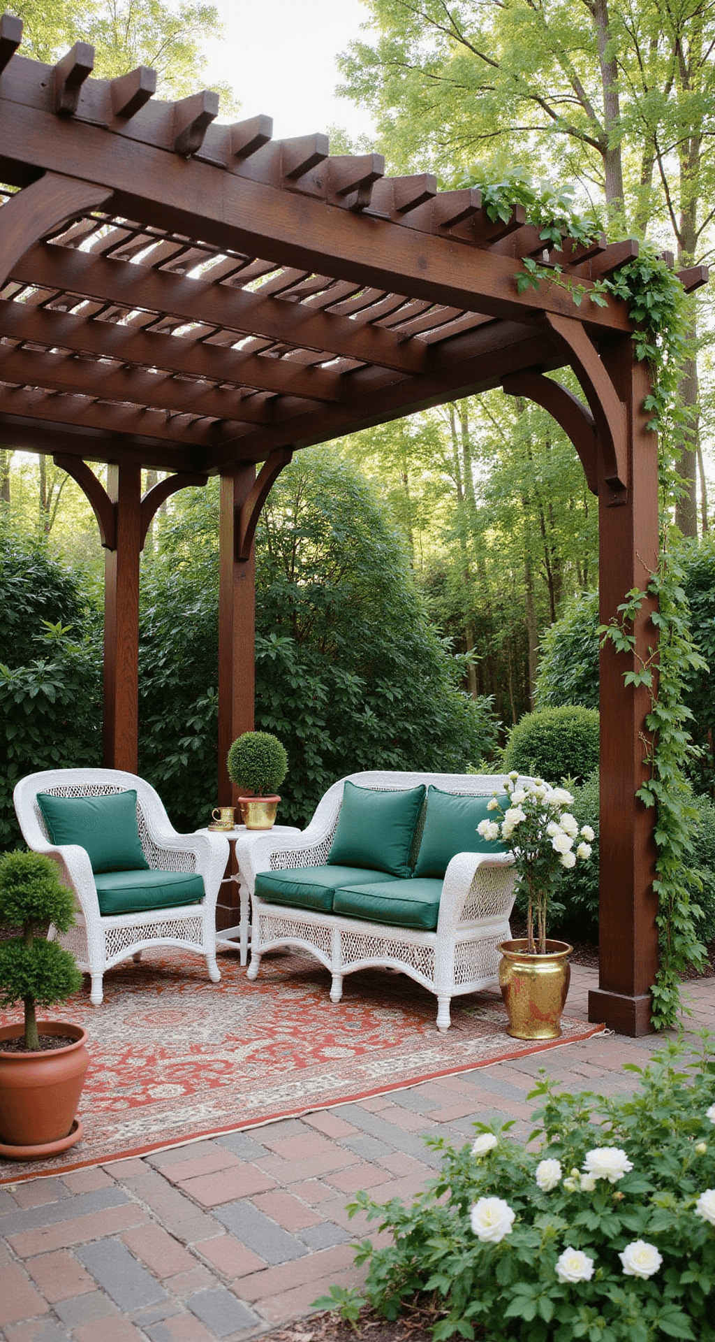A traditional mahogany pergola garden room featuring white wicker furniture with emerald green cushions, surrounded by topiary in terra cotta pots and adorned with white climbing roses and ivy, all set on brick paving with an oriental outdoor carpet, captured in natural light filtering through the pergola slats.