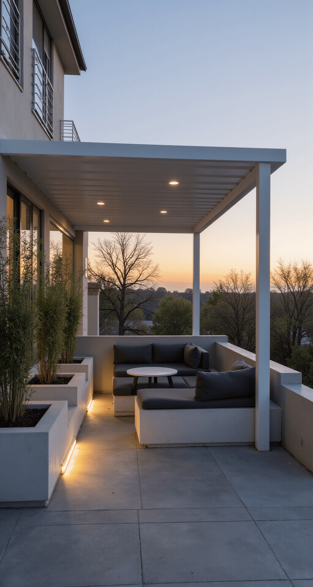 Contemporary minimalist pergola lounge at sunset featuring a sleek white aluminum structure, low-profile concrete seating with charcoal cushions, oversized white planters with bamboo, and linear LED floor lighting on warm gray porcelain tile flooring, captured at eye level with dramatic side lighting.