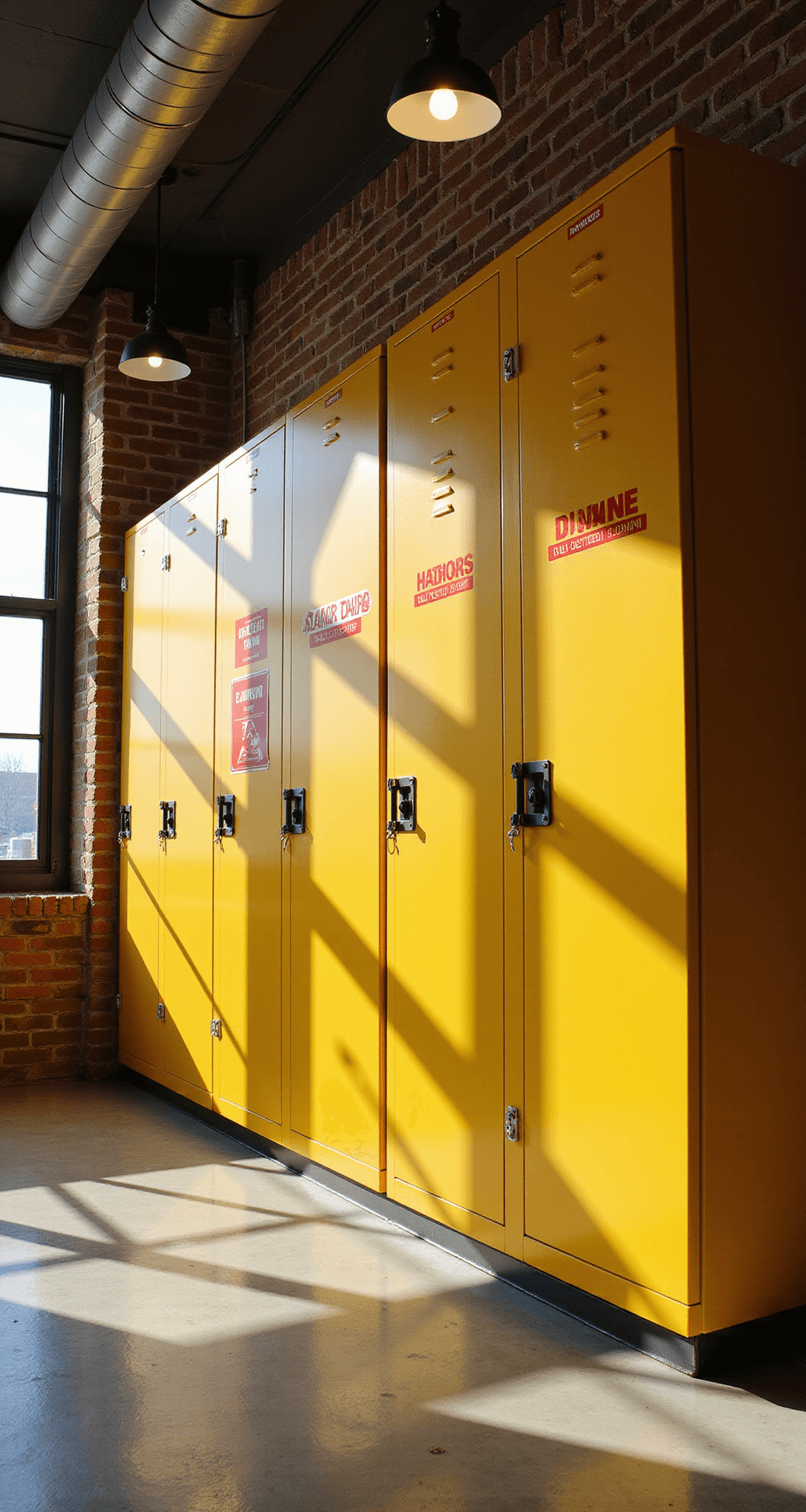 A low-angle view of a safety storage zone with tall steel cabinets in high-visibility yellow against exposed brick walls, featuring red hazard labels and secured with heavy-duty padlocks. LED strip lighting casts dramatic shadows, complemented by industrial-style pendant lights.