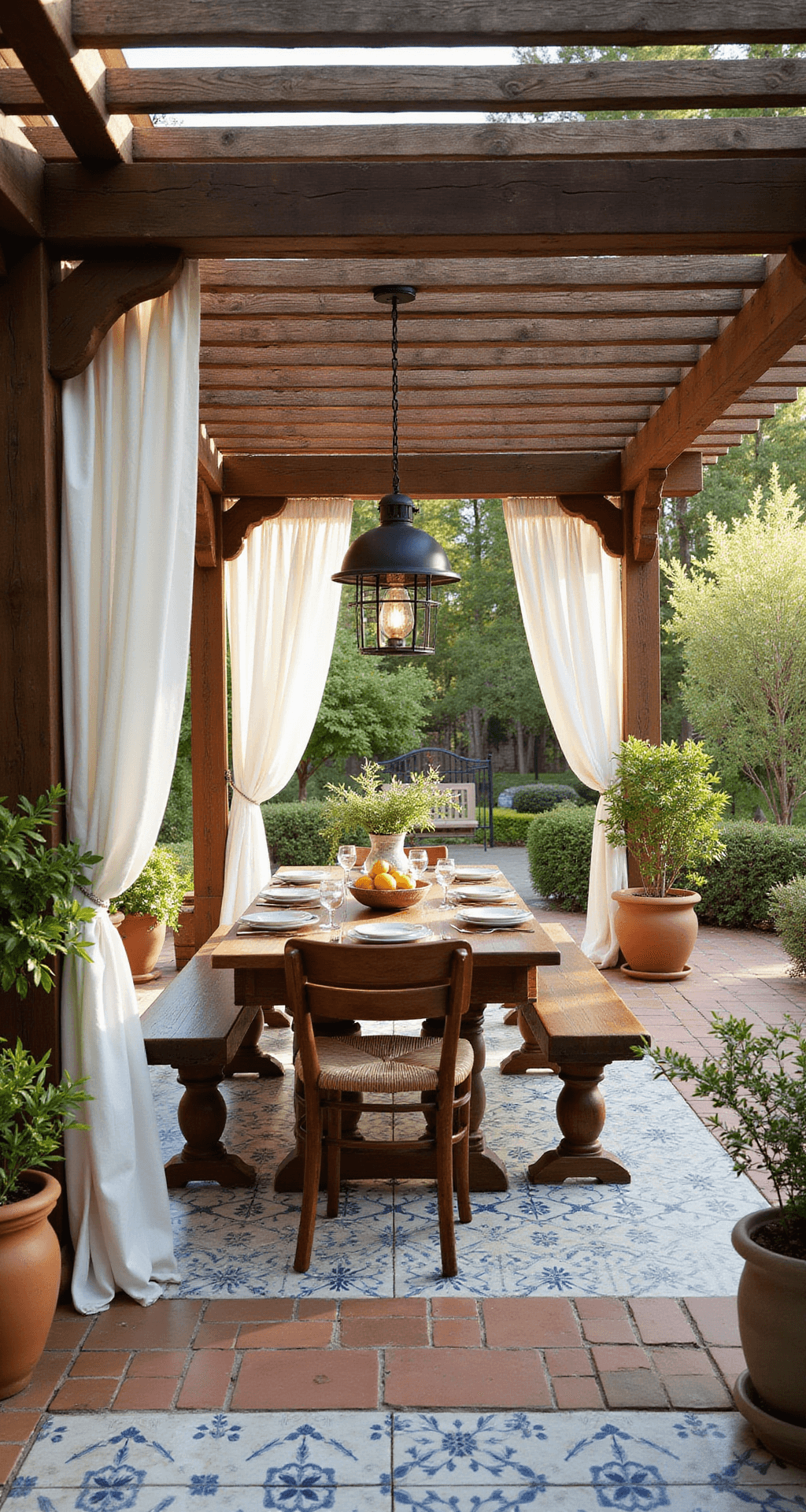 A rustic 12'x18' wooden pergola dining space adorned with billowing white curtains, featuring a handcrafted wooden table with mixed bench and chair seating, surrounded by terracotta pots of citrus trees and herbs, set on blue and white patterned cement tiles, illuminated by natural diffused light and wrought iron lanterns, creating a warm, inviting atmosphere in the late afternoon.