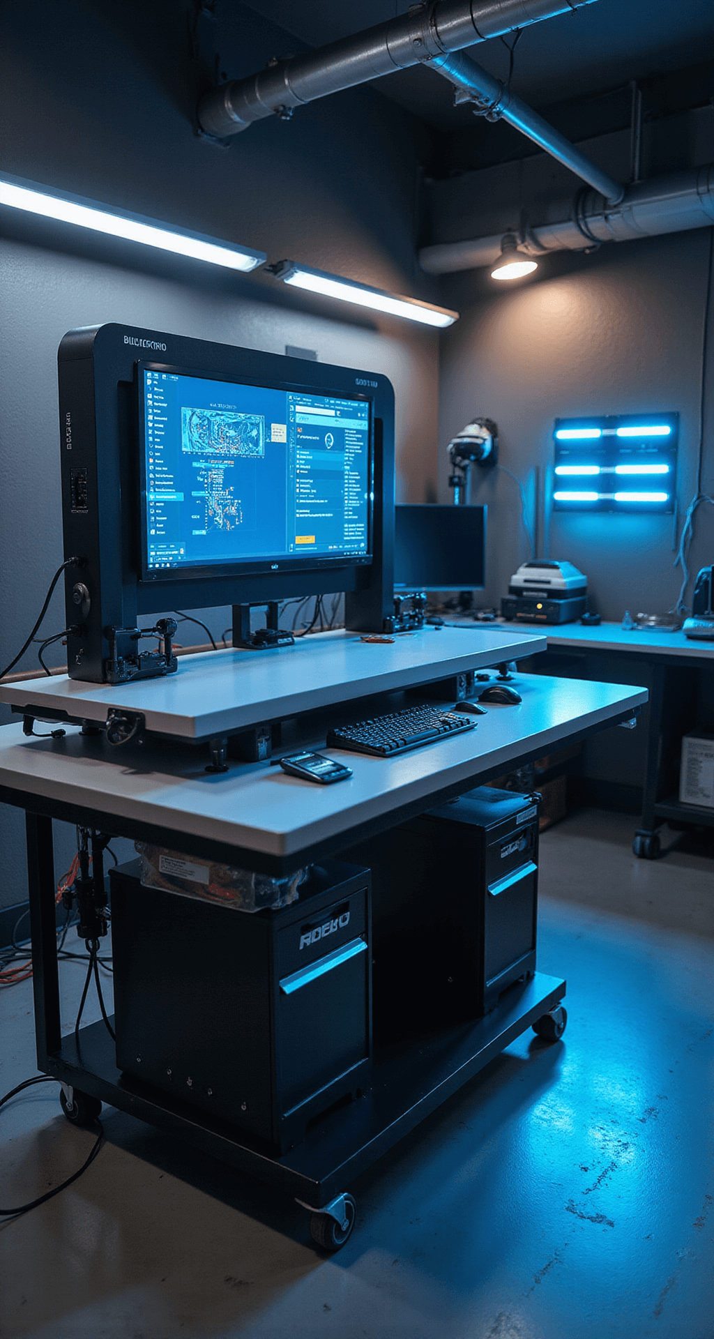 A modern workshop tech hub featuring a 60-inch mobile workstation with integrated charging ports and tool tracking system, illuminated by cool blue light. Bluetooth tracking beacons are strategically placed, with dramatic side lighting from smart LED panels. The scene is captured from slightly above eye level, showcasing a cool gray and black color scheme accented with electric blue.
