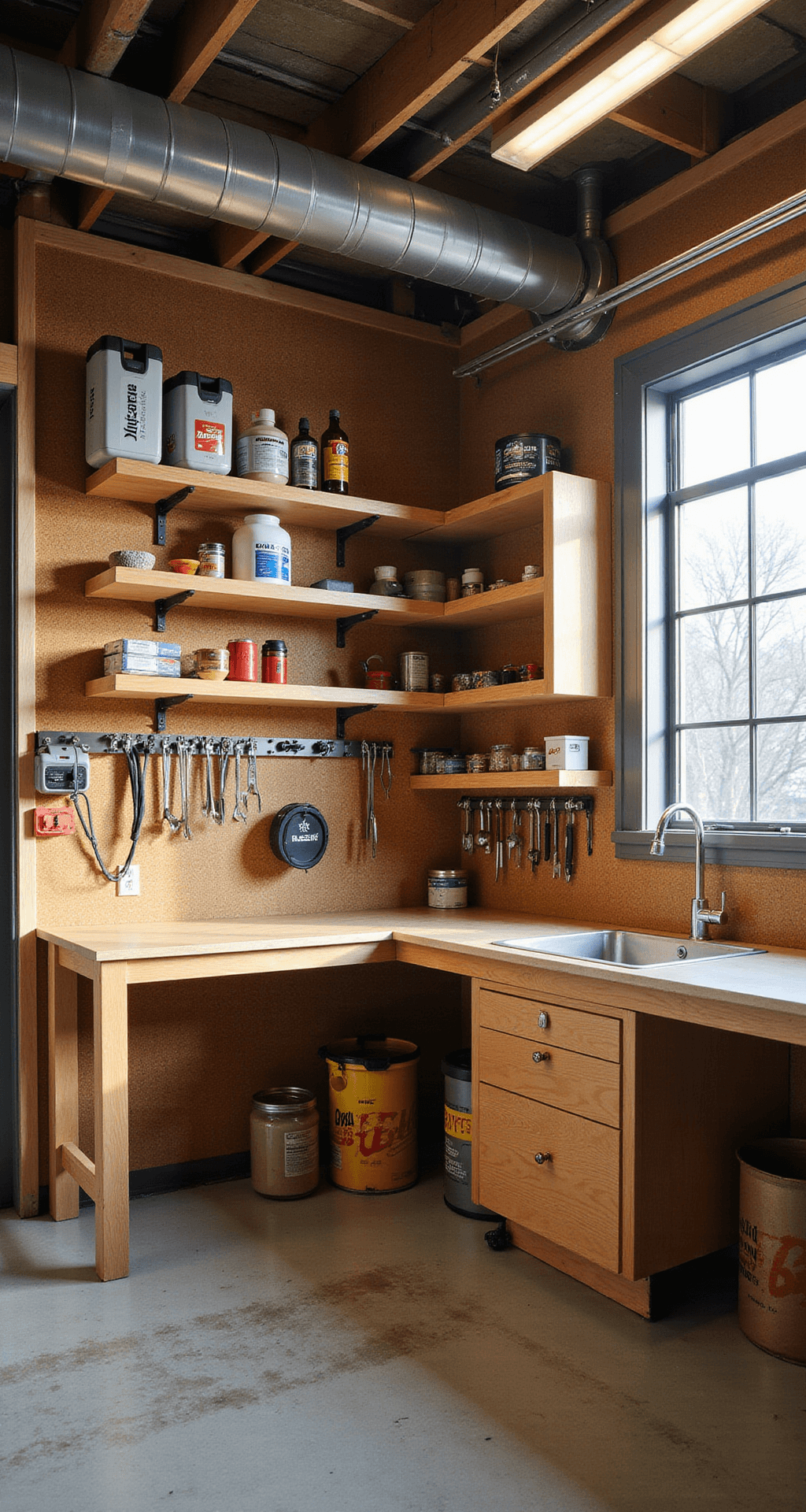 A well-organized 12x15ft workshop corner bathed in early morning light, featuring a custom floor-to-ceiling storage system with dedicated zones for various tools, tension-mounted poles for adjustable storage, and warm wood tones complemented by brushed aluminum fixtures, all captured from an elevated angle to highlight the efficient use of space and task lighting in specific work zones.