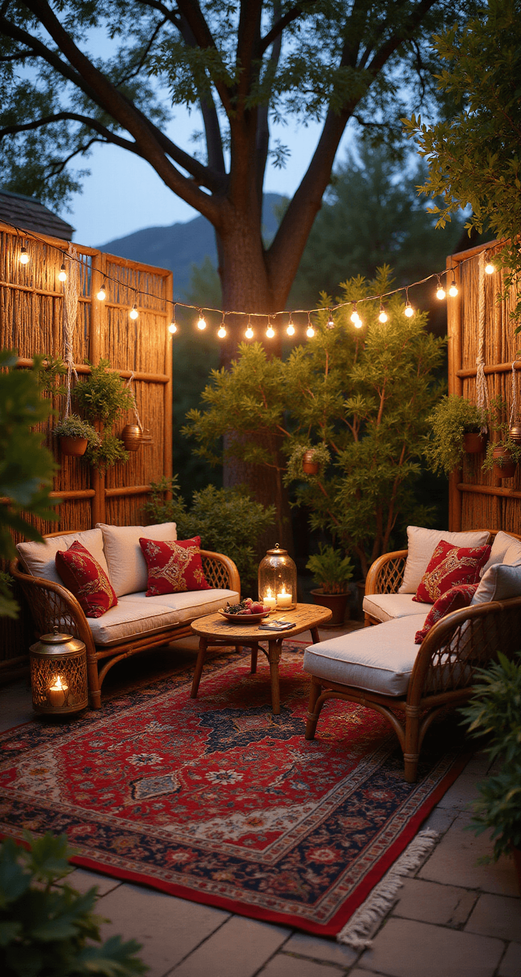 A cozy Bohemian garden patio at twilight, featuring a vintage Persian rug with mixed rattan seating and colorful kilim cushions, illuminated by mason jar string lights and brass lanterns, framed by bamboo privacy screens and macramé planters, all captured with a dreamy shallow depth of field.