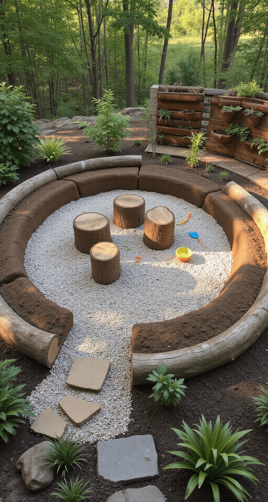 Bird's eye view of a circular outdoor learning space with a custom mud kitchen, featuring sensory stations in a wheel pattern, smooth pebble flooring, log seating, and an herb garden, bathed in early morning light and adorned with colorful child-safe tools.