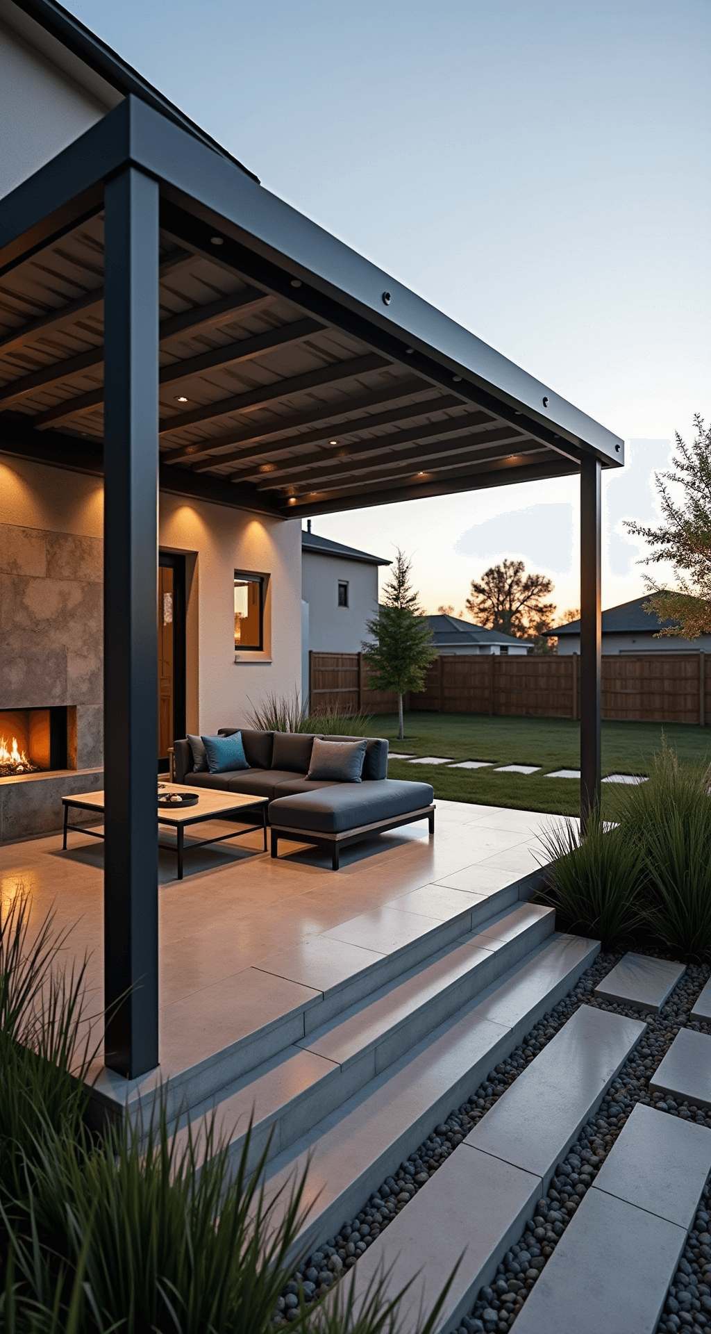 Wide-angle shot of a modern covered patio featuring a sleek aluminum pergola, a contemporary sectional sofa with azure cushions, and an outdoor fireplace, all illuminated by warm golden hour light and framed by minimal landscaping.