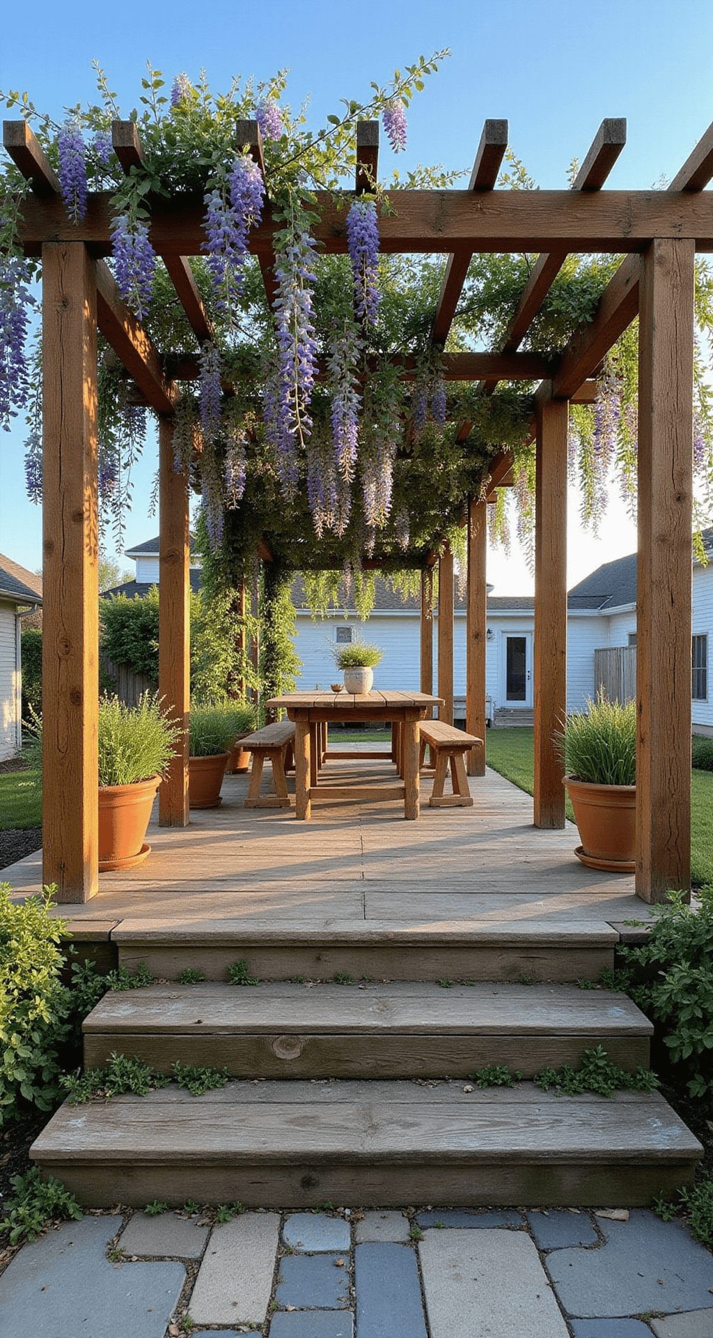 Low-angle view of a rustic wooden pergola with reclaimed barn beams and climbing wisteria, featuring a farmhouse-style dining setup under vintage string lights, surrounded by potted herbs and moss-accented bluestone pavers, with a clear blue sky above.