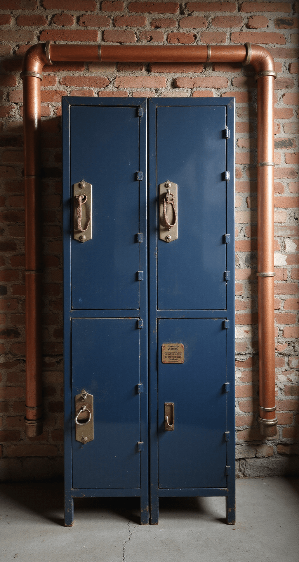 Environmental portrait of a DIY storage wall featuring vintage metal lockers in matte navy, custom copper-finished PVC pipe tool holders, and an exposed brick wall, captured during blue hour with mixed lighting.