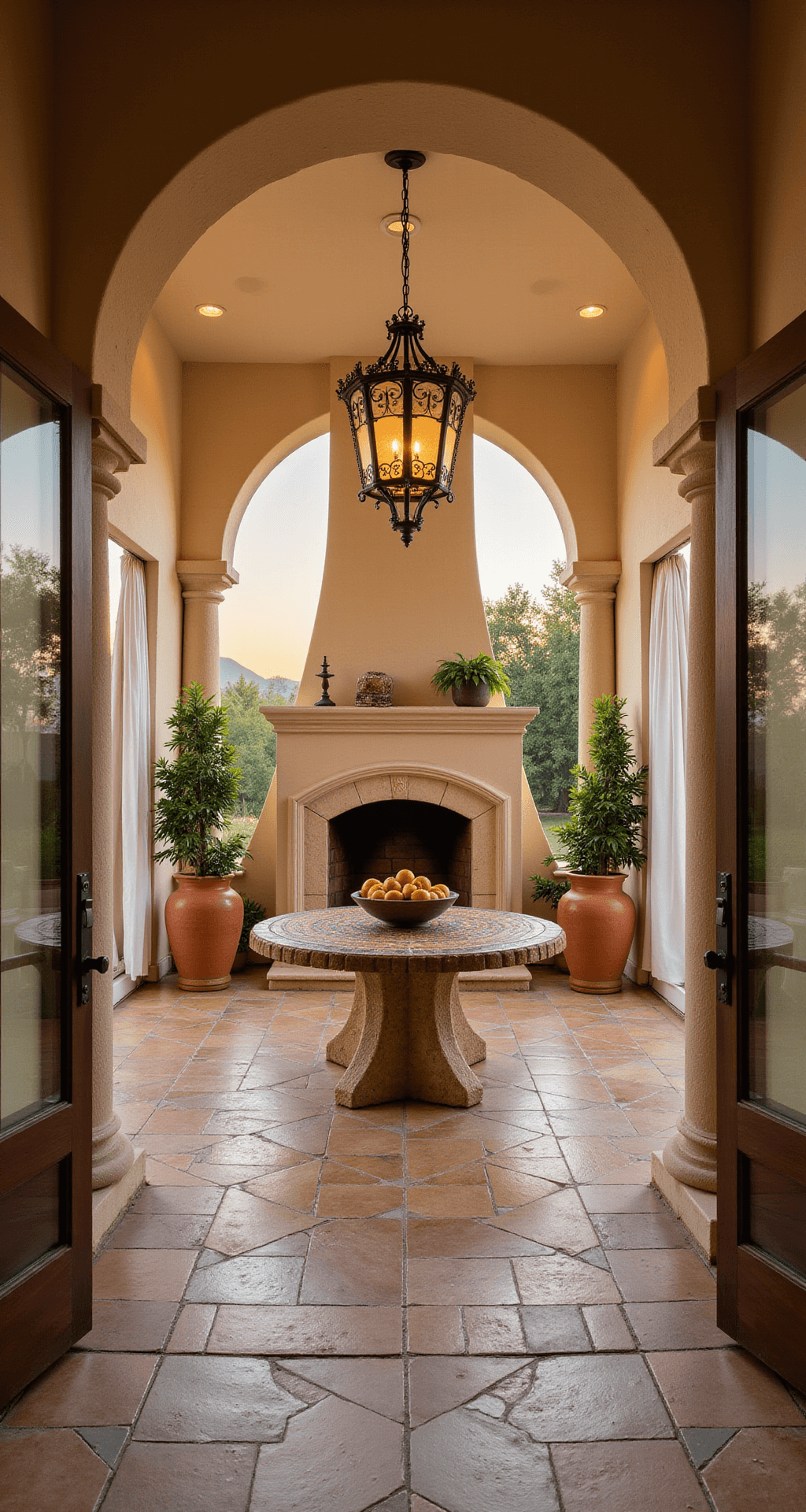 Eye-level view of a Mediterranean-style loggia at sunset, featuring an arched ivory stucco structure, a wrought iron chandelier above a mosaic tile dining table, terracotta urns with citrus trees, and a carved limestone fireplace. The scene includes Saltillo tile flooring with inlaid patterns and billowing white curtains framing the openings, with dramatic backlighting casting silhouettes.