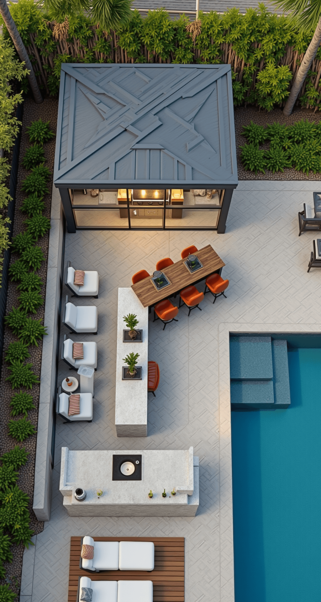 Aerial view of a covered outdoor kitchen featuring a mixed material roof with steel and glass, professional-grade stainless appliances, quartzite counters, and teak bar seating overlooking an infinity edge pool, connected by geometric concrete pavers leading to a lounge area, captured in diffuse natural light.