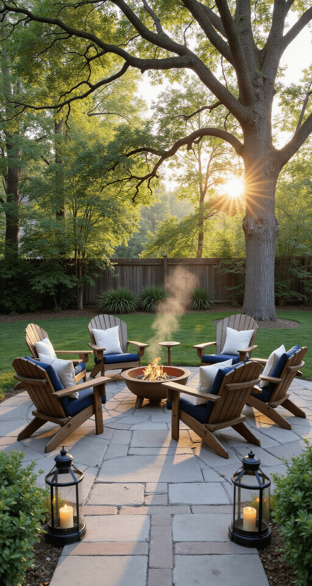 A serene backyard patio featuring six teak Adirondack chairs with navy cushions and cream pillows arranged around a copper fire pit, surrounded by mature oak trees. The scene is illuminated by golden hour sunlight, casting dappled shadows over natural stone pavers with creeping thyme. Vintage copper lanterns on iron shepherd's hooks frame the setting, while wisps of smoke add depth to the atmosphere.