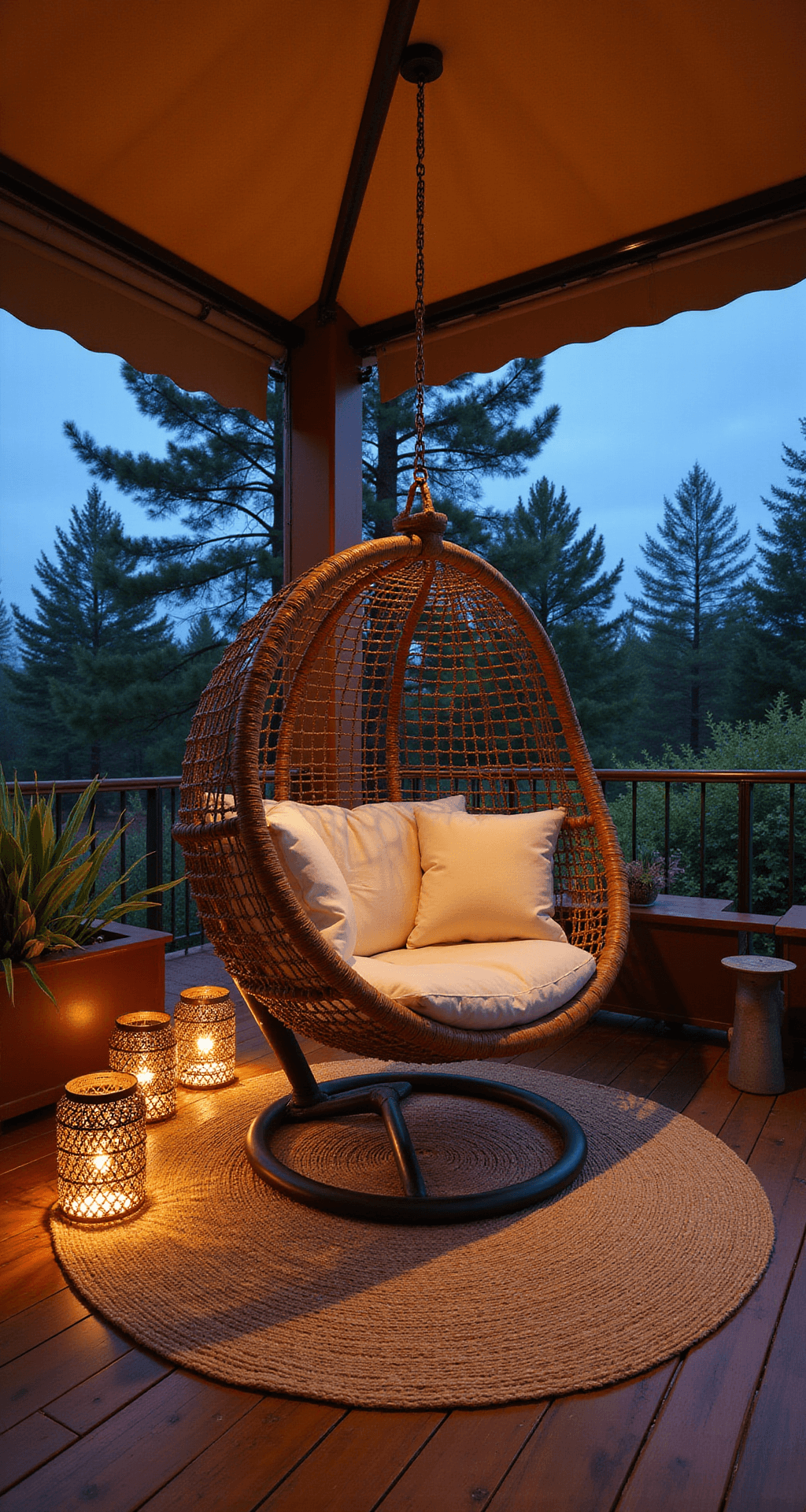 Close-up view of a cozy covered reading nook featuring a wicker hanging chair with cream cushions, illuminated by intricate patterns from Moroccan lanterns. A jute rug is layered over IPE wood decking, with copper rain chains framing the corners, all under a retractable canvas awning at dusk.