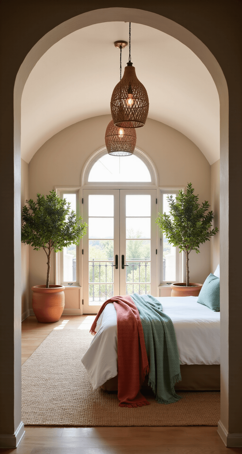A Mediterranean-inspired master bedroom featuring arched windows, a white king bed with coral and seafoam green throws, woven pendant lights, potted olive trees, and warm terracotta and brass accents, all bathed in golden hour light.