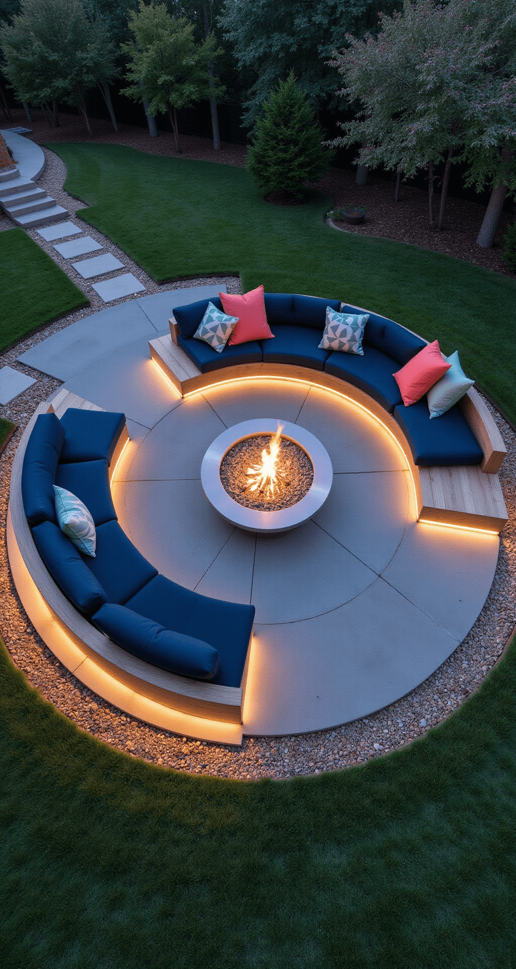 Aerial view of a modern circular concrete patio with a 40ft diameter, featuring a curved stainless steel and ipe wood bench, a central gas fire bowl, and midnight blue cushions with coral and sage geometric throw pillows, illuminated by integrated LED lighting in twilight.