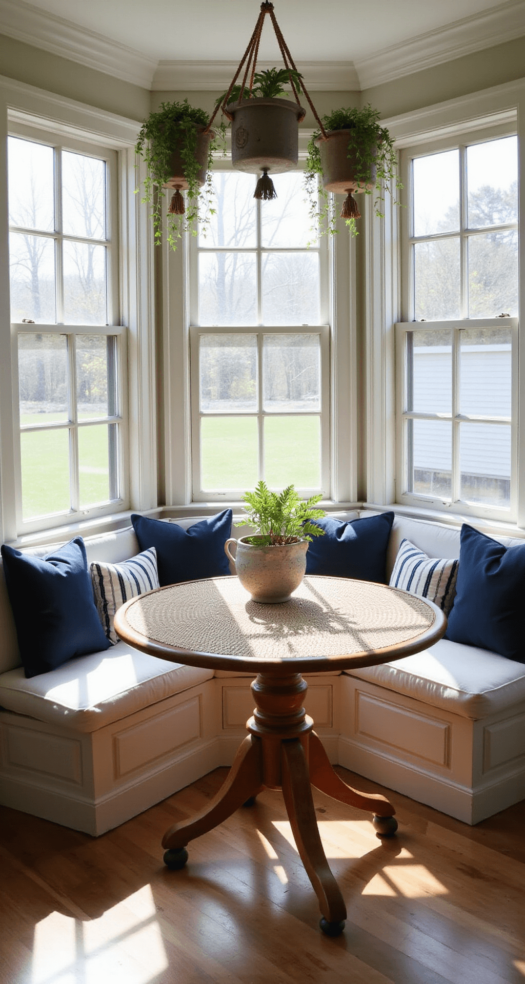 Intimate breakfast nook featuring a round rattan table and built-in bench seating with white cushions, illuminated by morning light through bay windows, accented by navy striped pillows and macramé planters with trailing vines, all styled with ceramic bowls and vintage pitchers on open shelving.