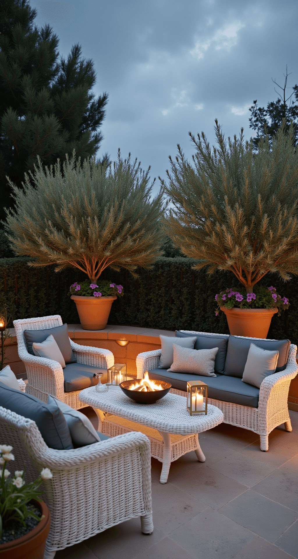 Intimate 20x20ft travertine patio featuring a white wicker conversation set with charcoal cushions, a crystal fire table, and brass accent tables with lanterns, surrounded by potted olive trees and floral arrangements, all under a moody evening sky illuminated by copper path lights.
